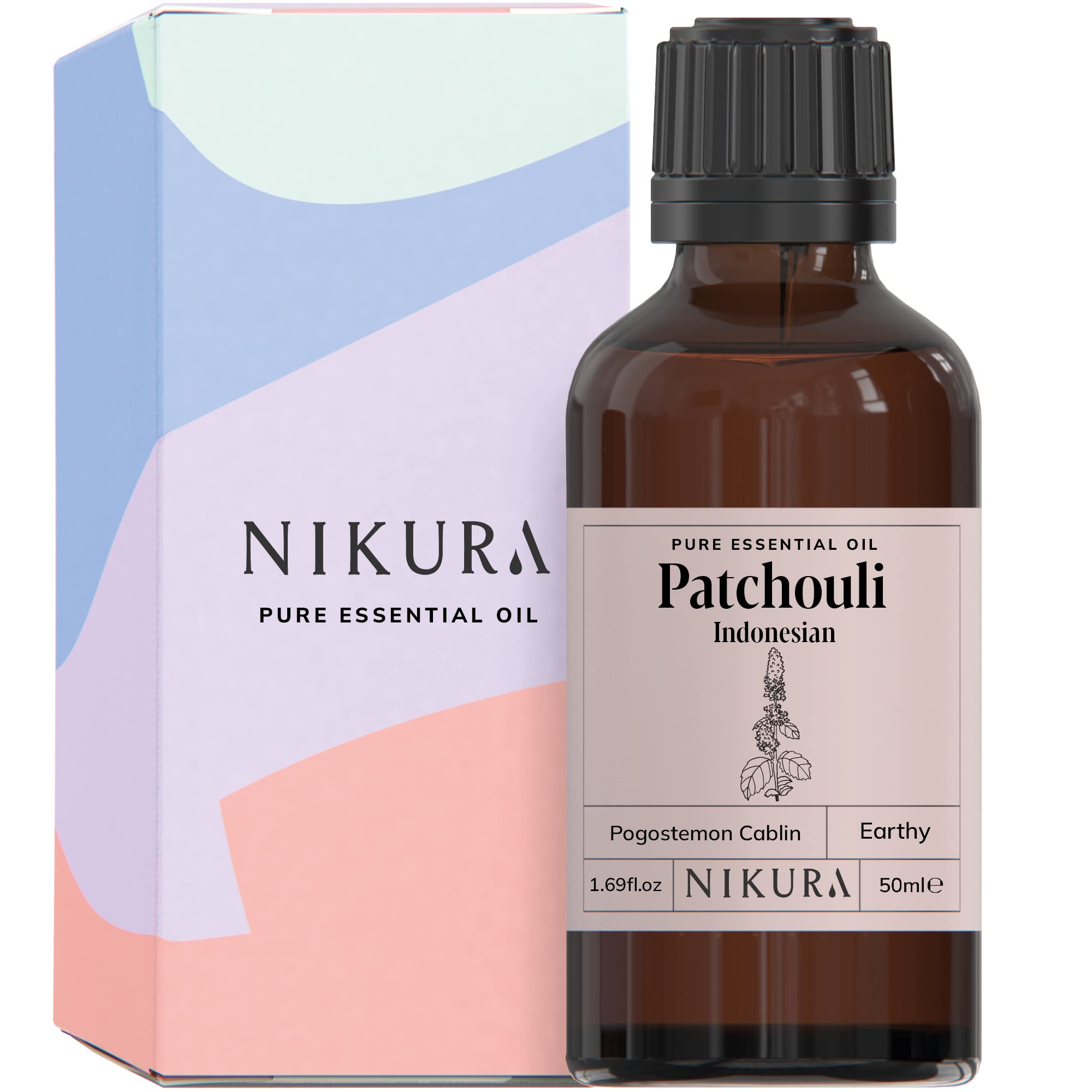 nikuraPatchouli (Indonesian) Essential Oil 50ml | 100% Pure Natural Oils | Perfect for Aromatherapy, Diffusers, Humidifier, Bath | Great for Self Care, Massage, Skin | Vegan & UK Made