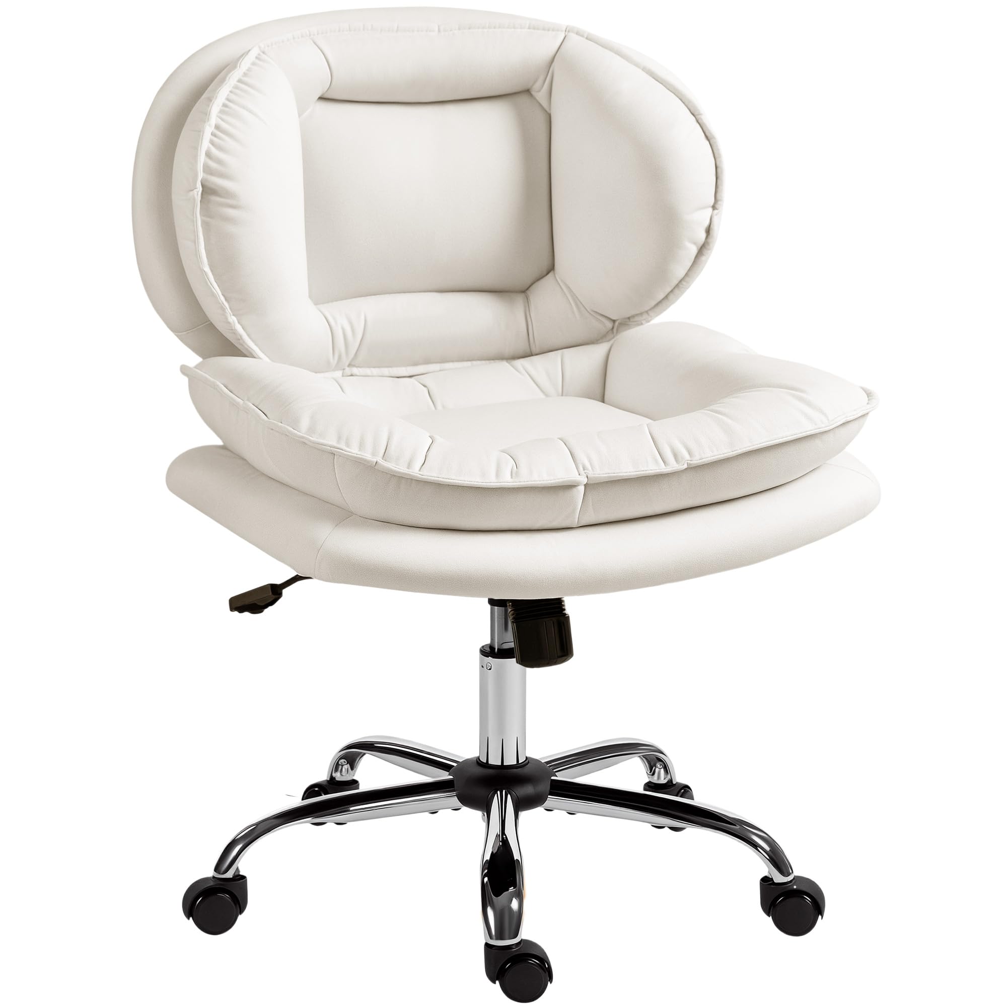 HOMCOM Silla de Oficina Piernas Cruzadas, Silla de Escritorio sin Brazos con Asiento Ancho, Ruedas, Altura Ajustable, Doble Acolchado, Giratoria, Función Basculante, Tapizada en PU, Gris Claro