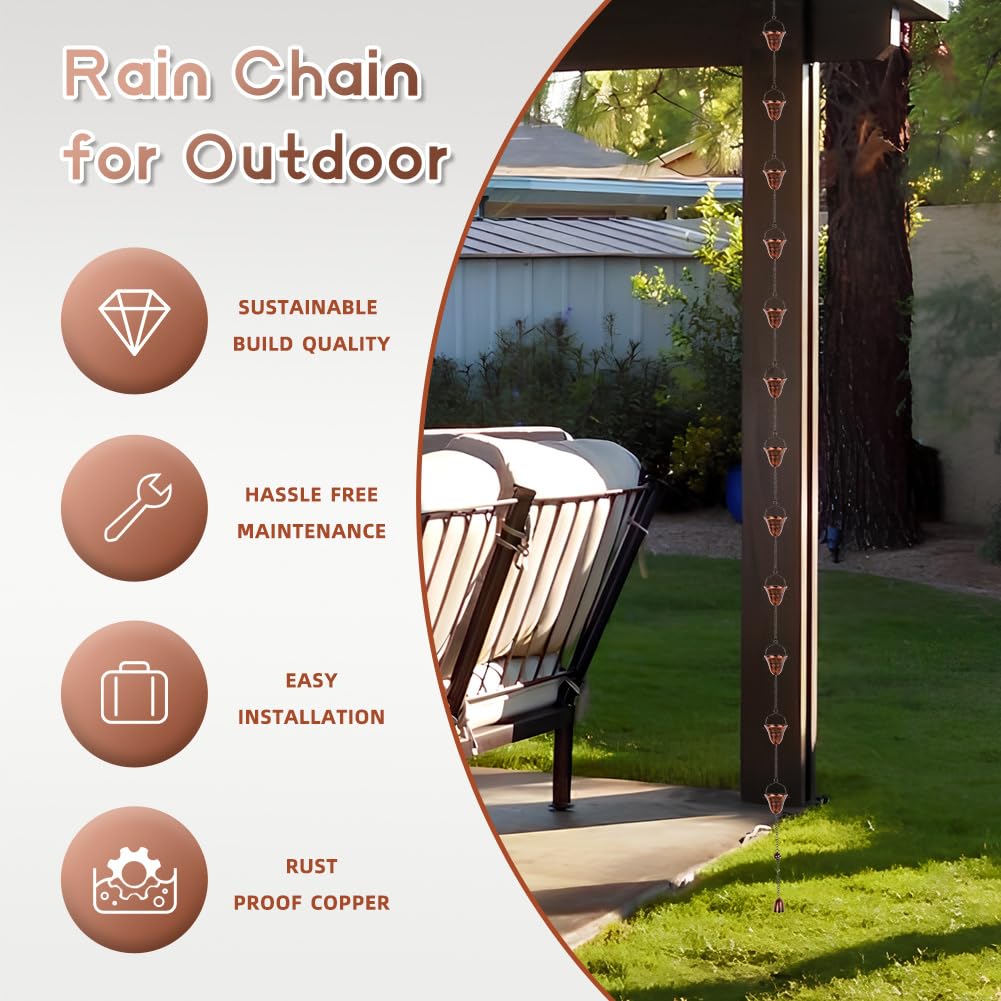 dreamysoul Chaînes de Pluie en cuivre pour l'extérieur, 3 m avec 12 Tasses pour gouttières, Drainage d'avant-Toit