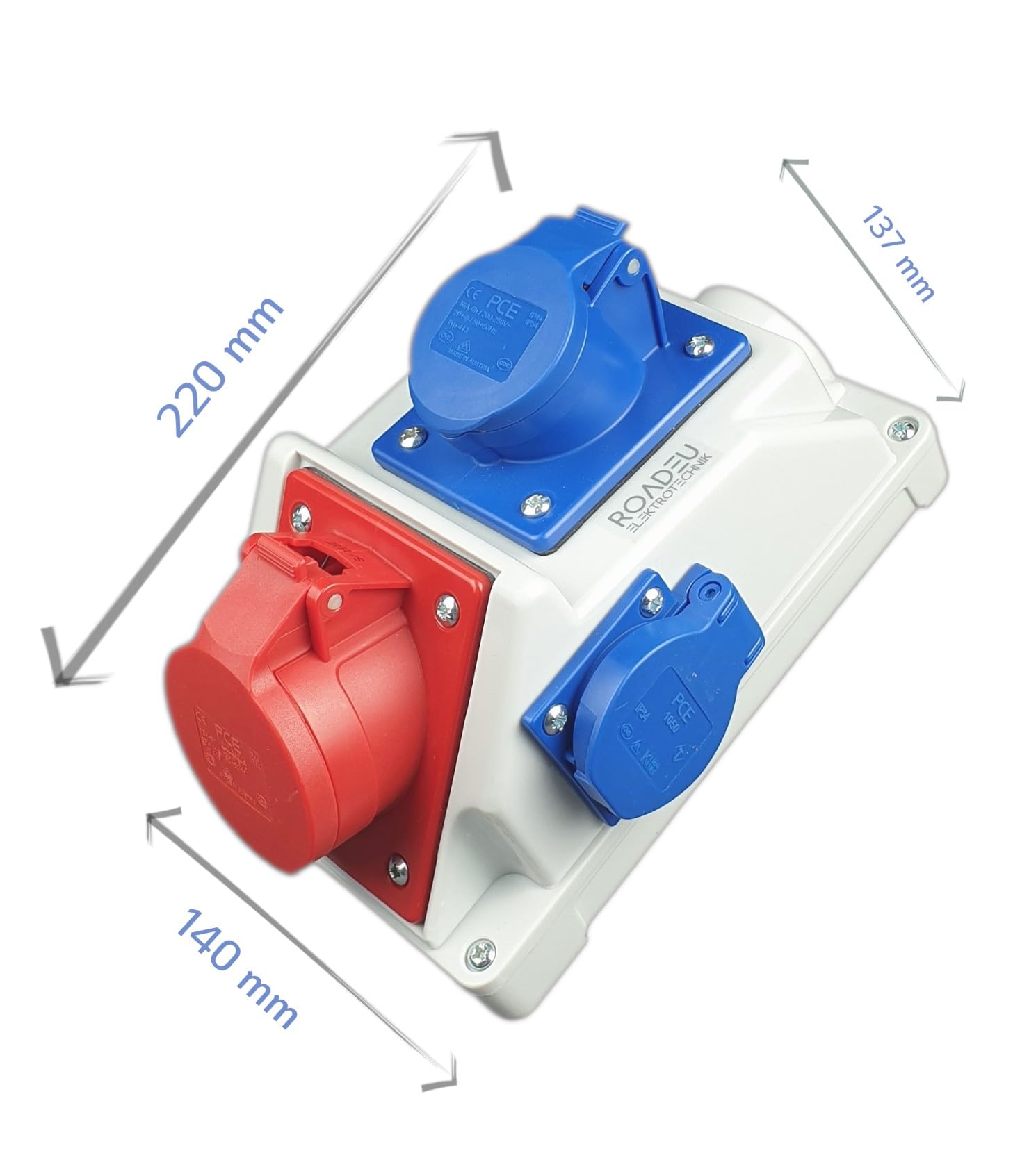 RoadEu - Presa di Corrente Industriale Combinata, Distributore da Parete CEE 5P Con Presa CEE 3P e Schuko 16A - Scatola di Distribuzione a Parete PCE