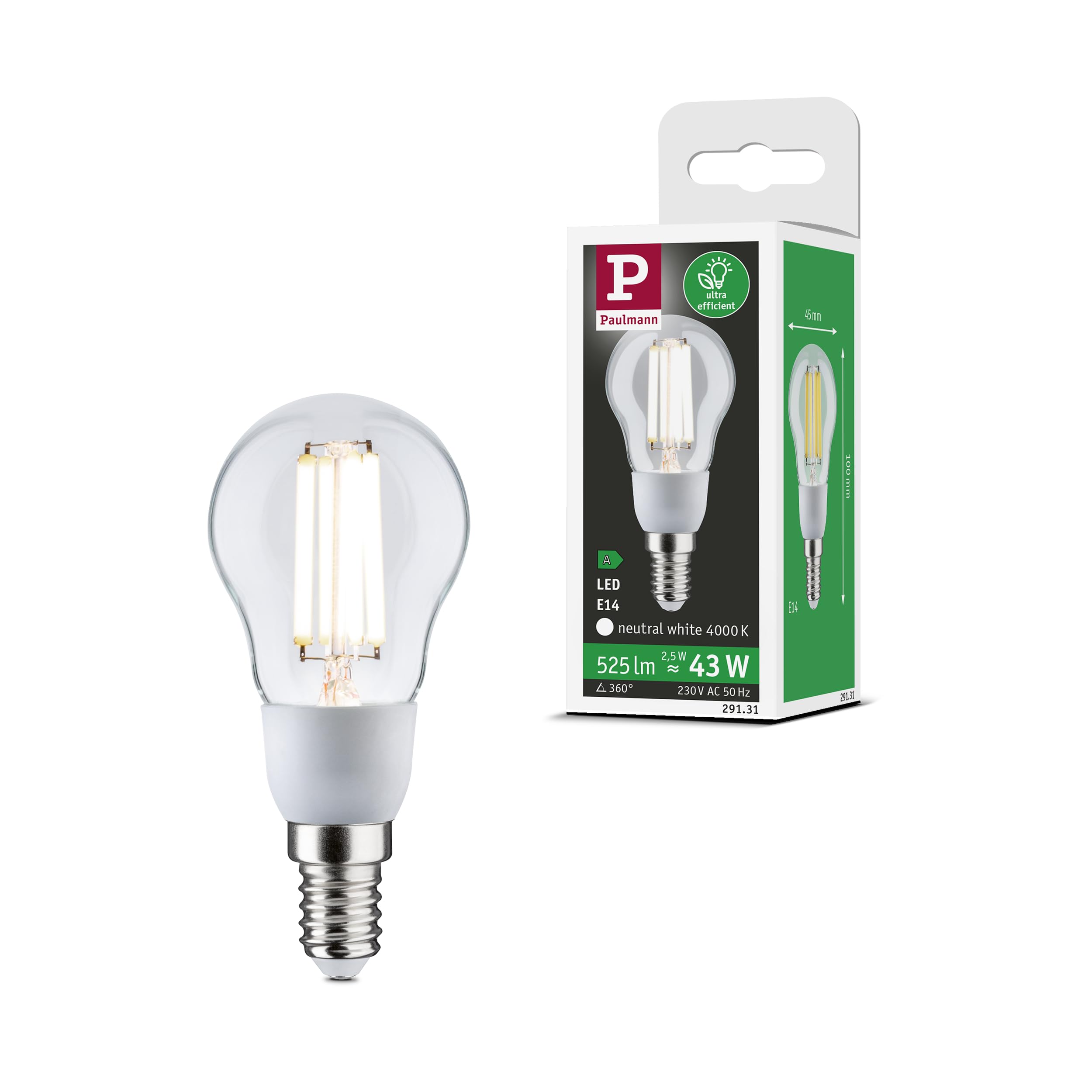 Paulmann 29130 Eco Line Filament 230V LED Drop E14 1-Pack 100mm 525lm 2.5W 3000K Clear lamp