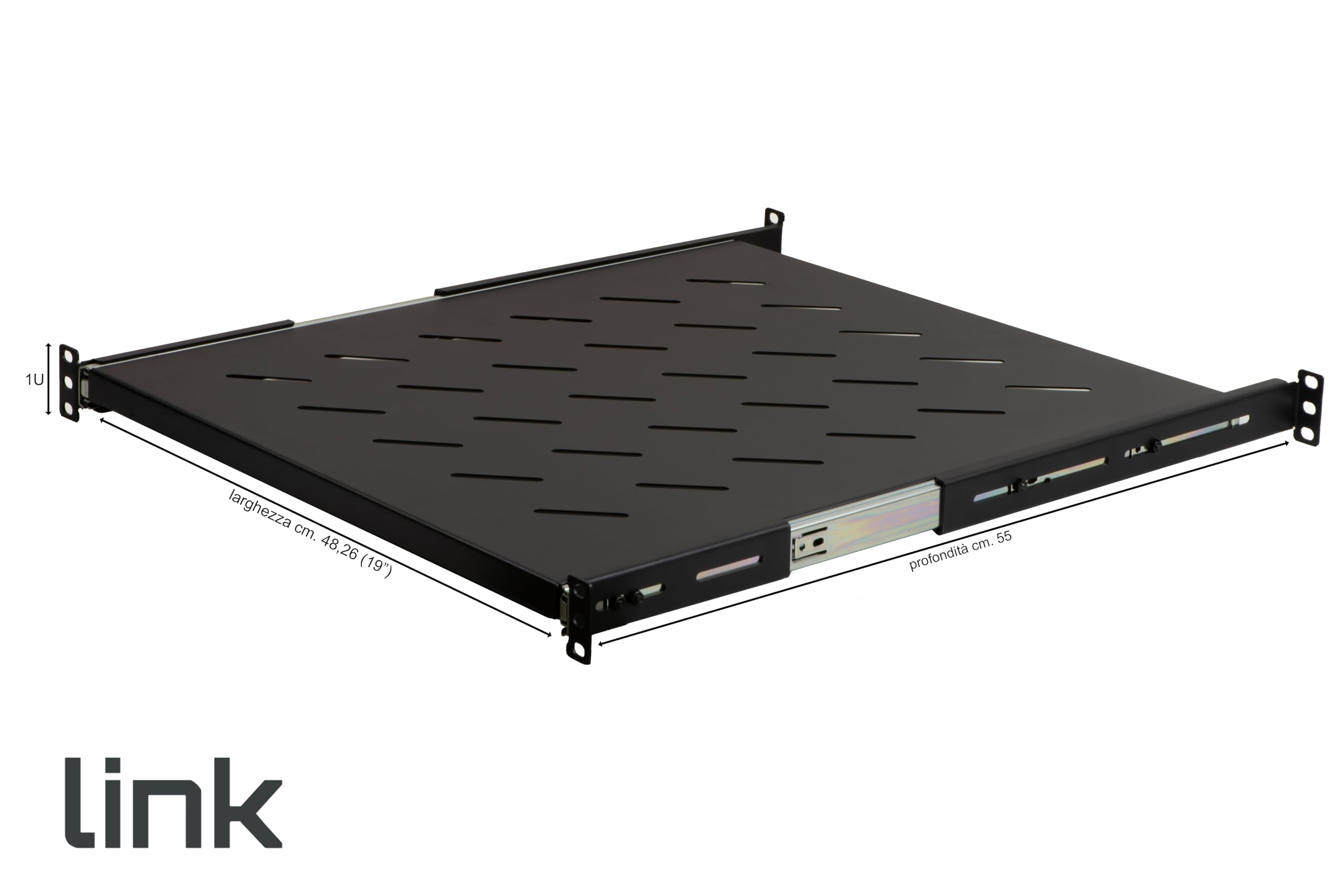 LINK LKRIP550EN - Mensola estraibile per armadio rack universale (1U, 550 mm, nero grigio RAL9005) – Acciaio traforato per ventilazione – Distanza montanti regolabile e viti incluse