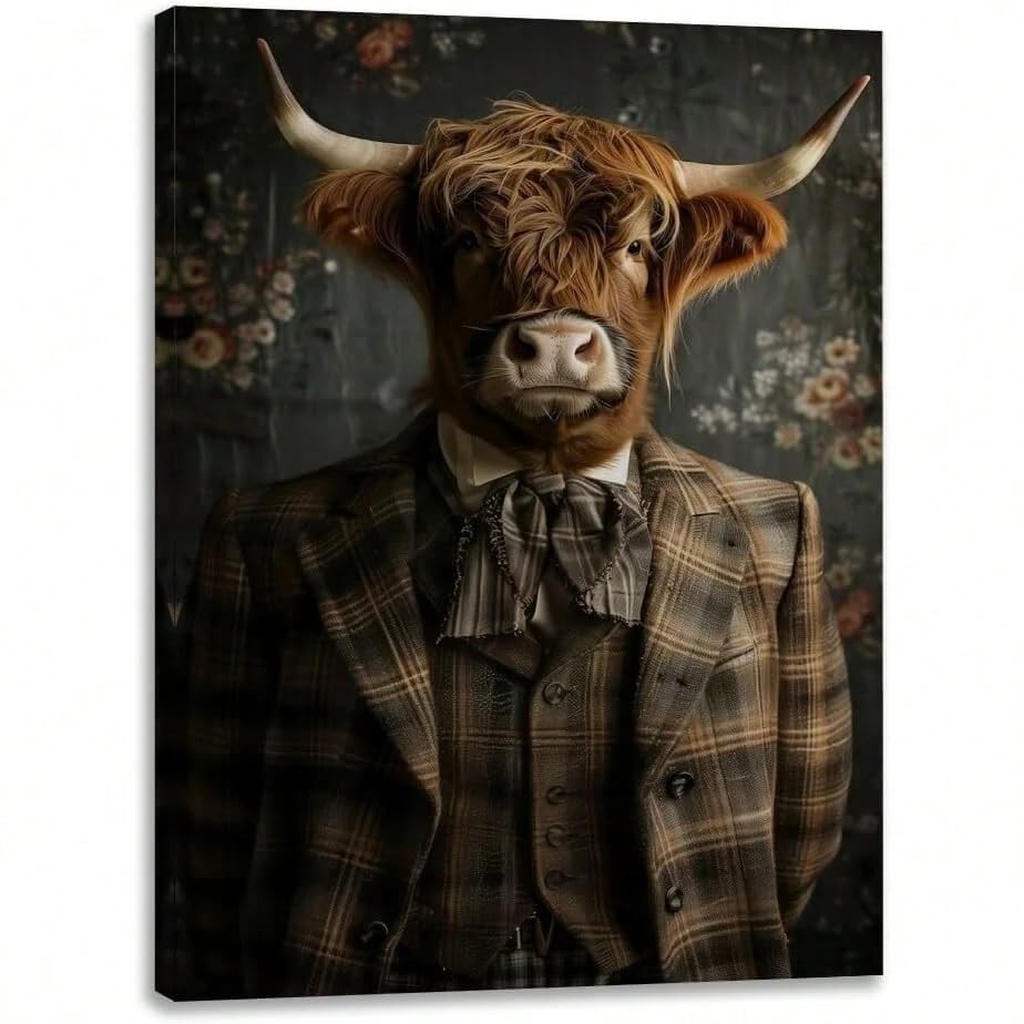 Tableau vache Highland costume portrait animalier haute toile