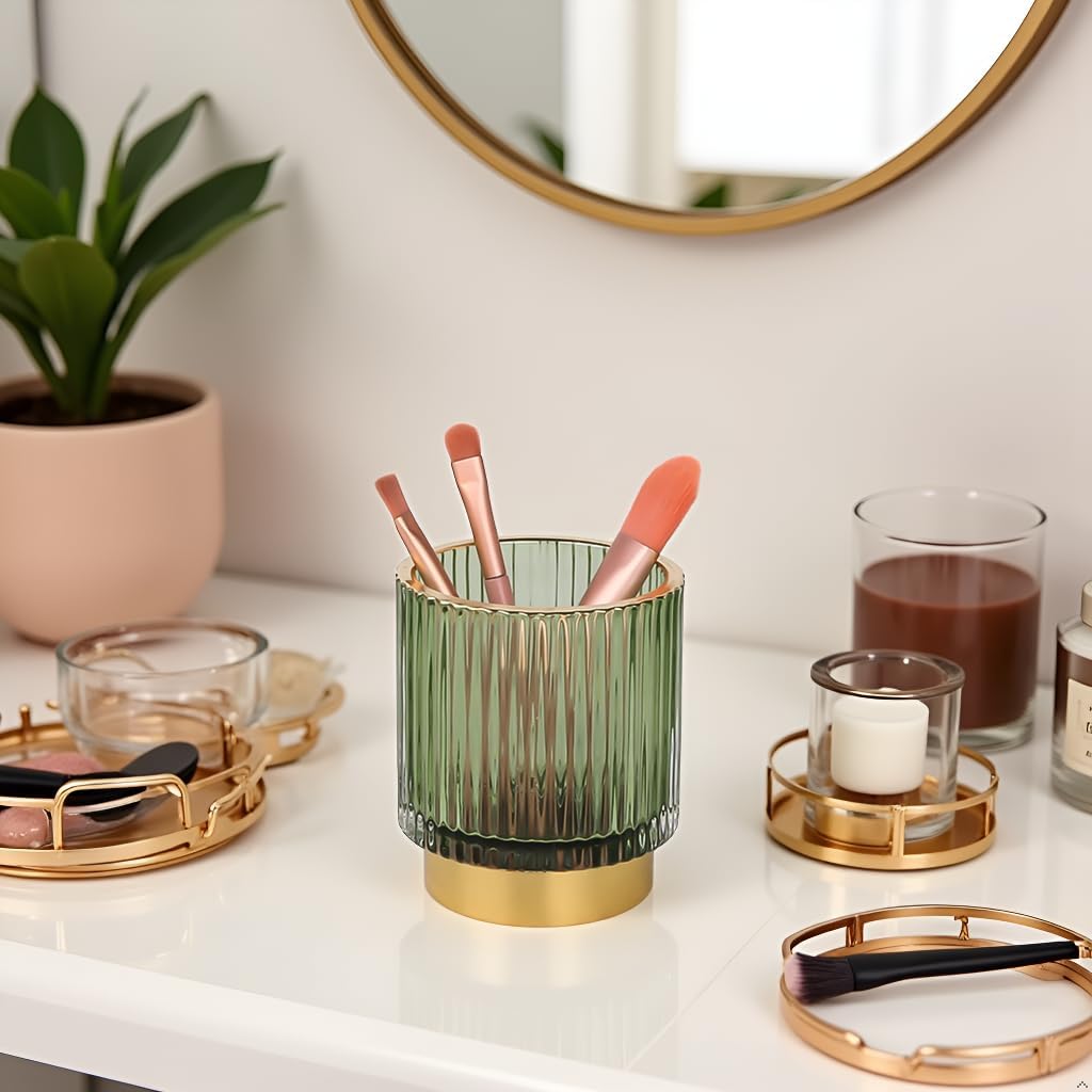 Green Makeup Brush Holder, Glass Toothbrush Holders for Bathrooms, Gold Pen Holder for Desk, Vintage Make Up Brush Holder Vanity Organizer for Brushes, Lipstick, Eyebrow Pencil image 3