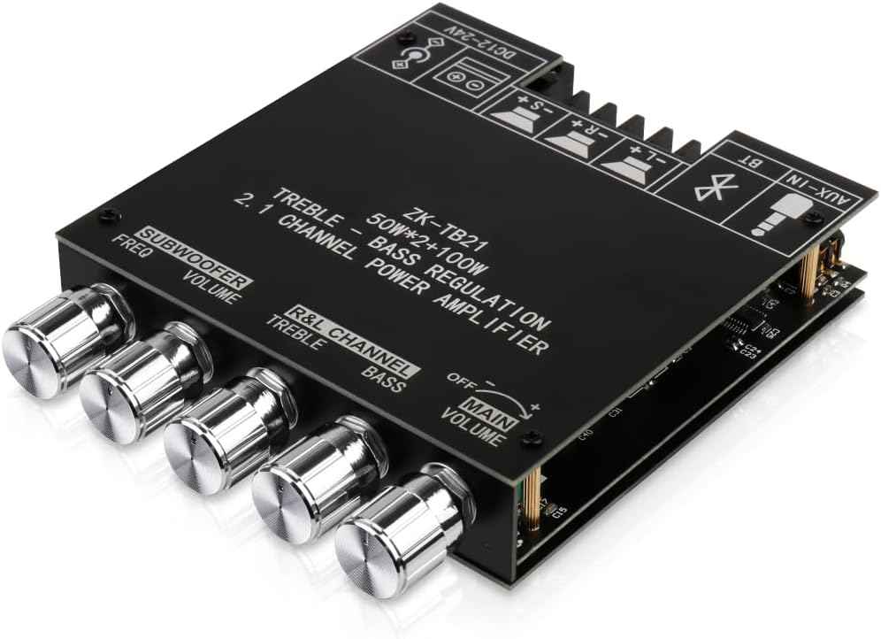 Bluetooth Audio Amplifier Board, ZK-TB21 2.1CH 50W x 2 +100W Subwoofer Power Amp with Treble and Bass Control, Bluetooth5.0 and AUX Inputs, Stereo Digital AMP for DIY Home Speakers