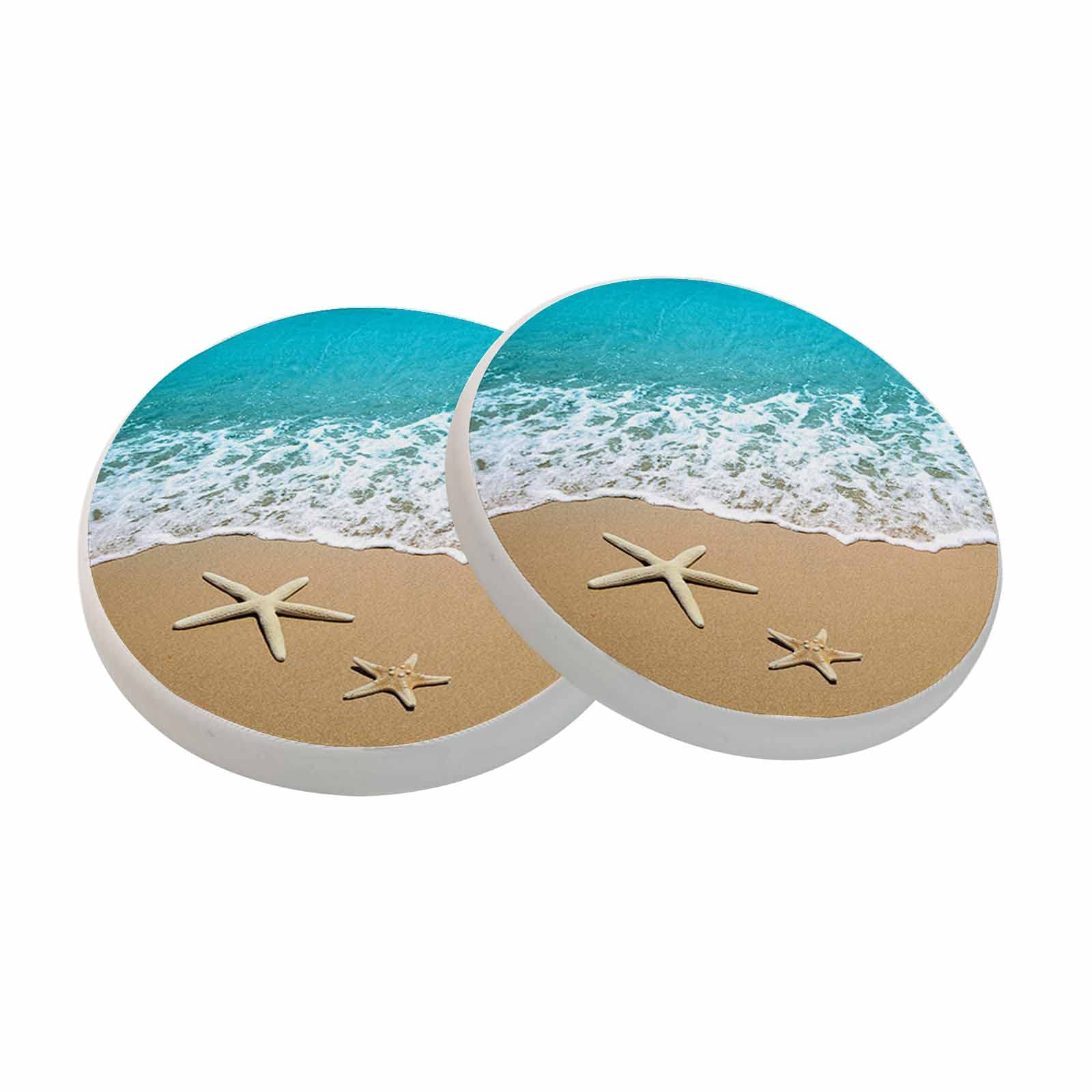 oFloralSummer Beach Coasters for Drinks Absorbent Set of 2 Sea Wave Starfish on Sand House Warming Gifts New Home for Table Protection, 4 Inch