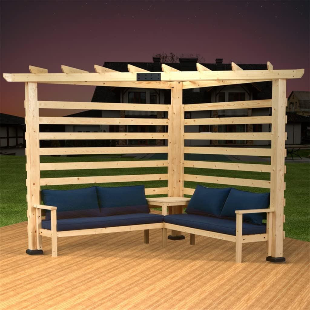 9x9 FT Solid Wood Pergola with Corner Seating and Table, Outdoor Patio with Cushioned Sofa