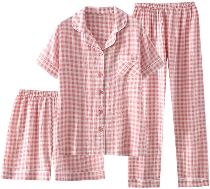 Womens Cotton Pajama Sets Plaid Short Sleeve Button Down Sleepwear Ankle Pants 3 Piece Gingham Pj Set