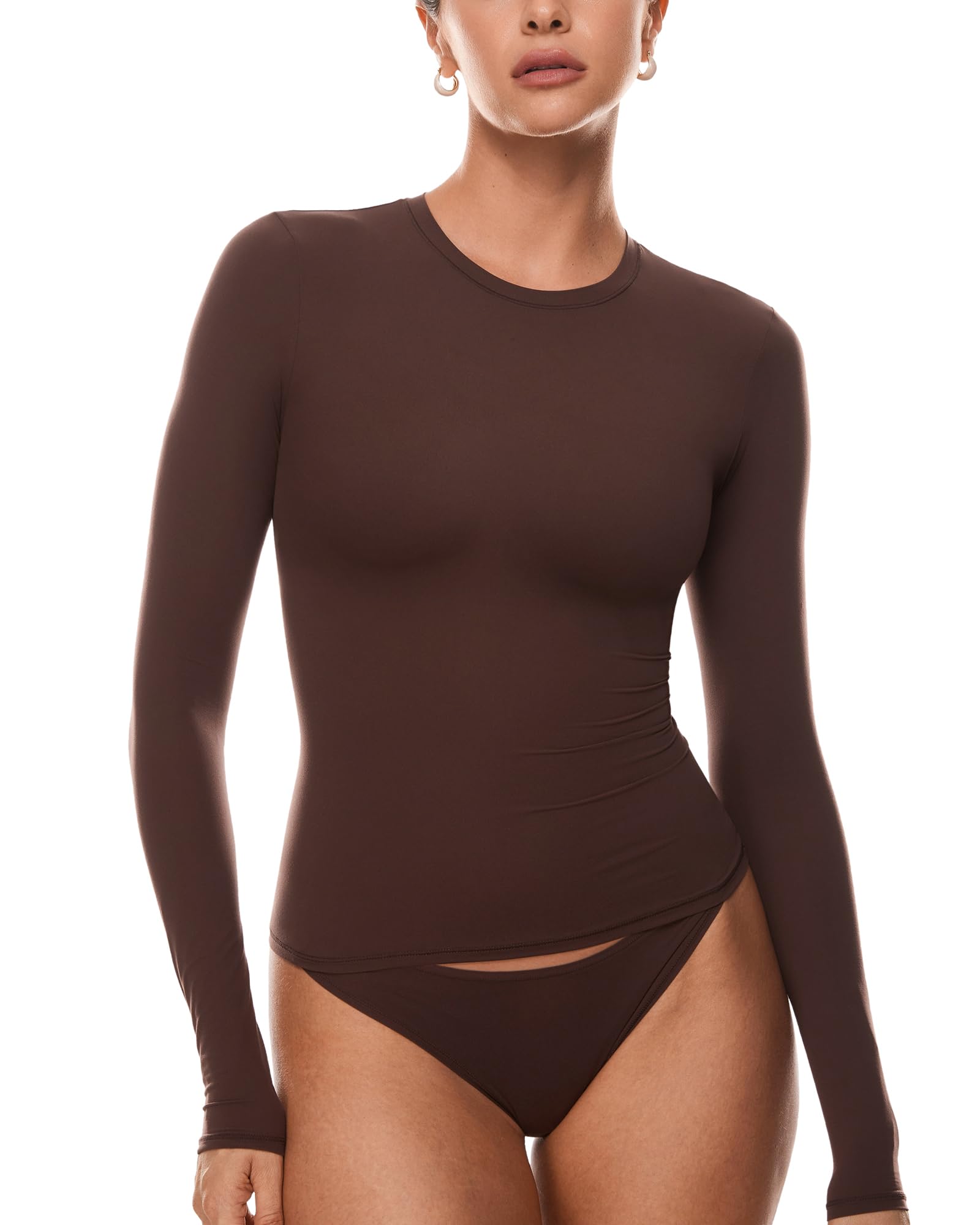 INLYRIC Women's Long Sleeve T-Shirts Crew Neck Basic Fitted Slim Crop Tops Going Out Trendy Tops Spring Tees - Small - Hazelnut