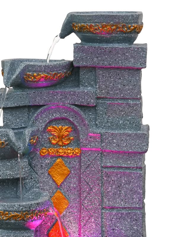 Image of Polyresin Designer Table Top Indoor Home Decor 4 Steps Waterfall Fountain with Yellow LED Lights & Water Flow Controller Pump (Size: 40 x 29.5 x 22CM | Weight: 2185grm | Color: Grey)