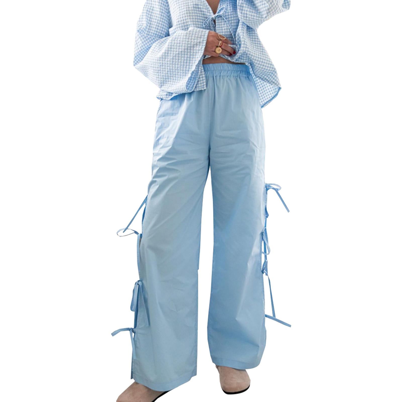 HOXIJIA Women Bow Tie Side Wide Leg Pants Casual Elastic Low Waist Straight Leg Baggy Sweatpants Fall Outgoing