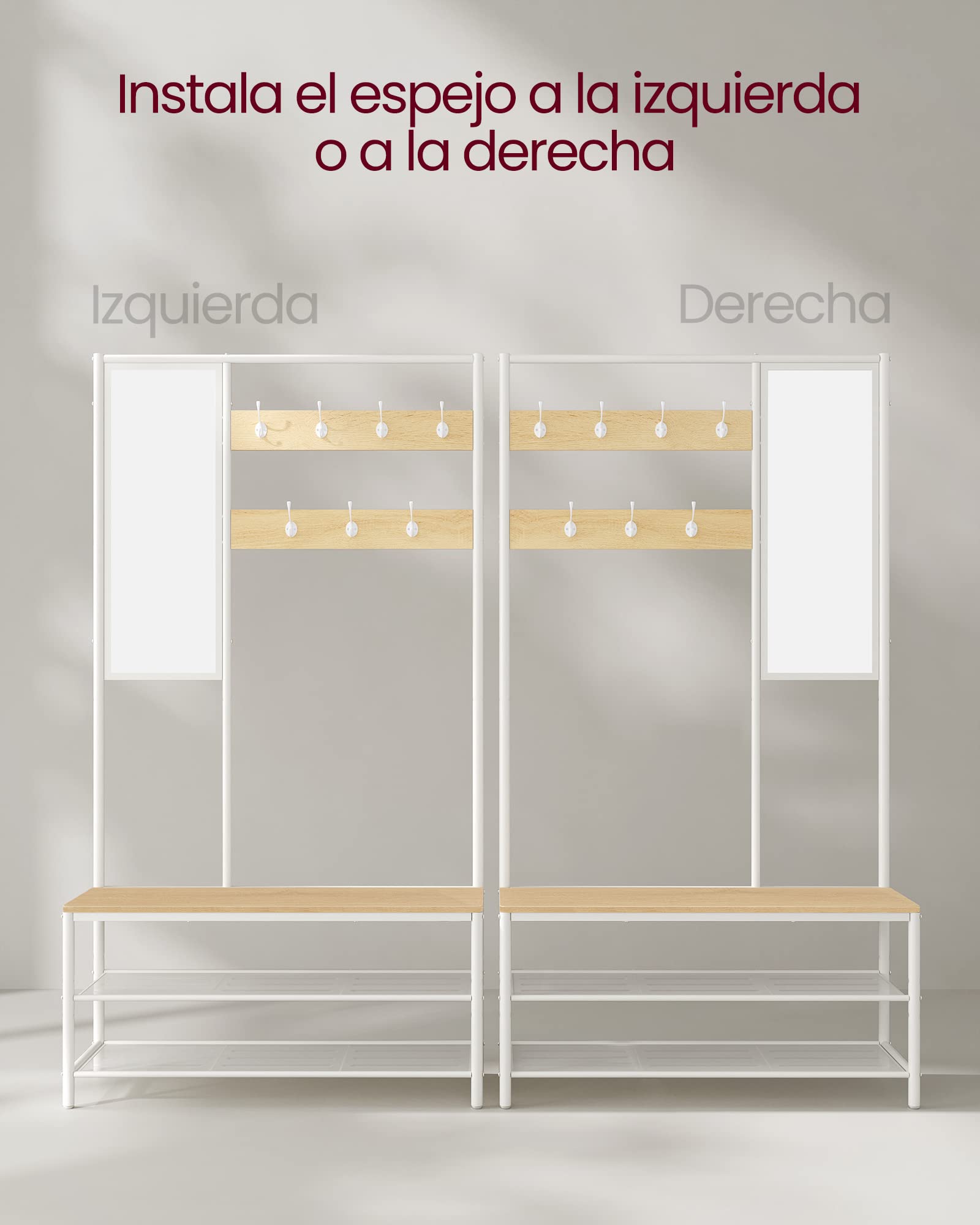 VASAGLE Perchero Zapatero, Perchero Recibidor con Ganchos, Espejo, Banco Zapatero y Estantes, 35 x 98 x 180 cm, Pasillo Dormitorio Salón, Moderno, Roble y Blanco Nube HSR415W09