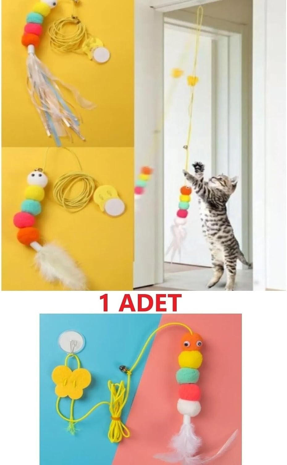 Tafce Elastik Kendinden Yapışkanlı Renkli Kedi Oyun Oltası Kedi Oyuncağı Yapışkanlı Olta Eğitim Oyuncağı