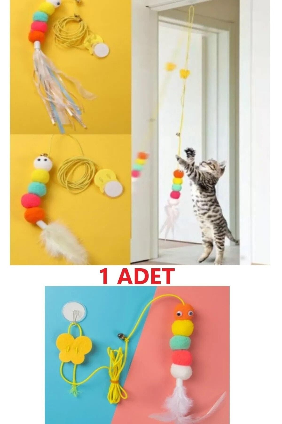 Tafce Elastik Kendinden Yapışkanlı Renkli Kedi Oyun Oltası Kedi Oyuncağı Yapışkanlı Olta Eğitim Oyuncağı