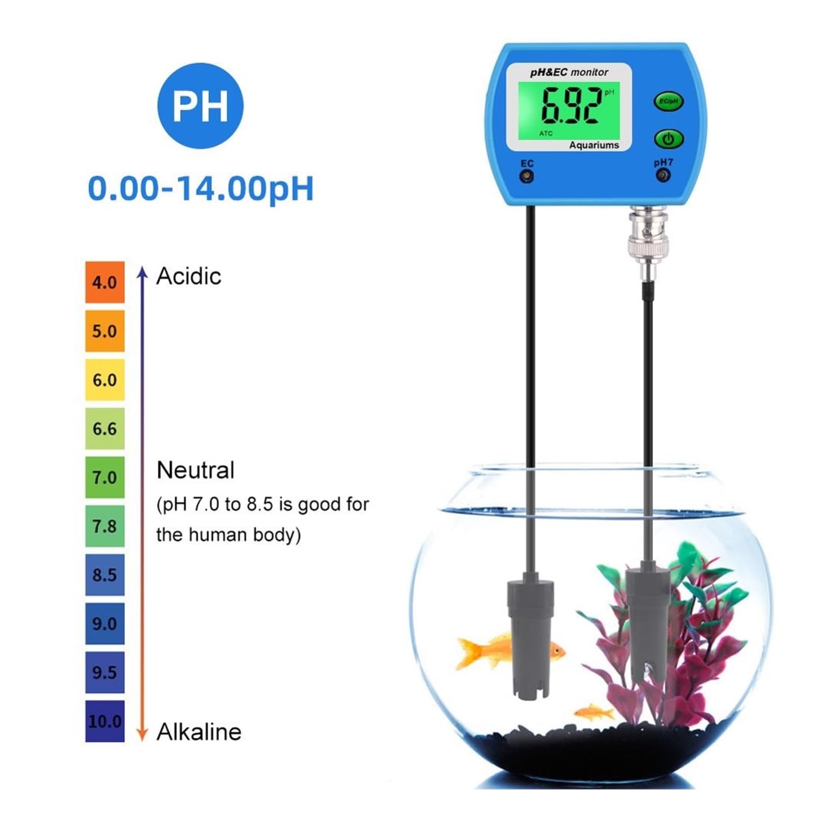 Medidor de PH EC 2 en 1, Monitor Digital calidad del agua, acidómetro línea multiparámetro for herramienta prueba acuario Amplio Rango NuméRico