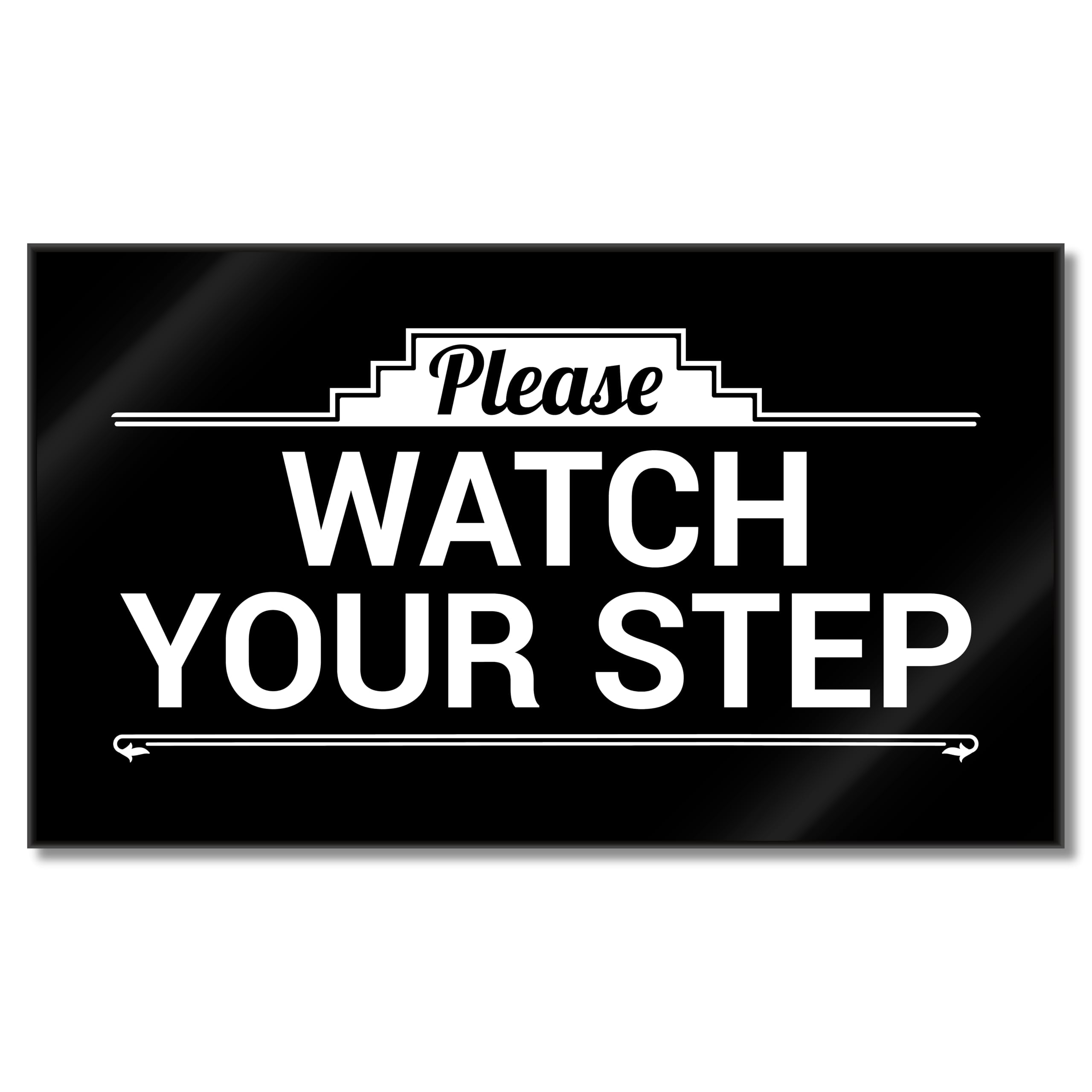Melrose Roots Premium Acrylic Watch Your Step Sign, Black, 6 x 3.5 inches, Minimalist Style, Warning Sign for Floor, Steps, or Wall, Includes Adhesive