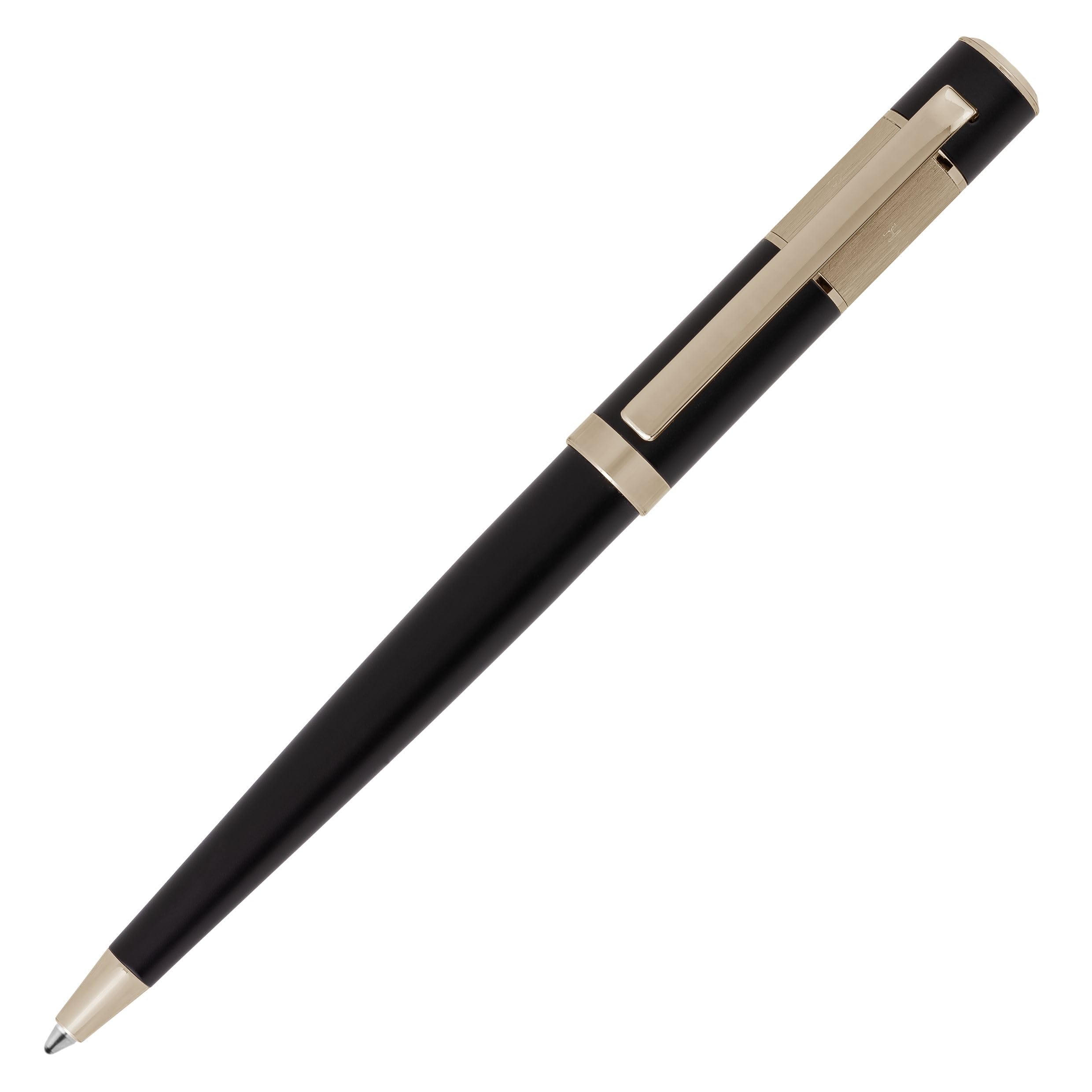 Hugo Boss Kugelschreiber Ribbon Vivid Black Schwarz Goldakzente Aluminium Messing, Länge: 13,8 cm, HSC0064A