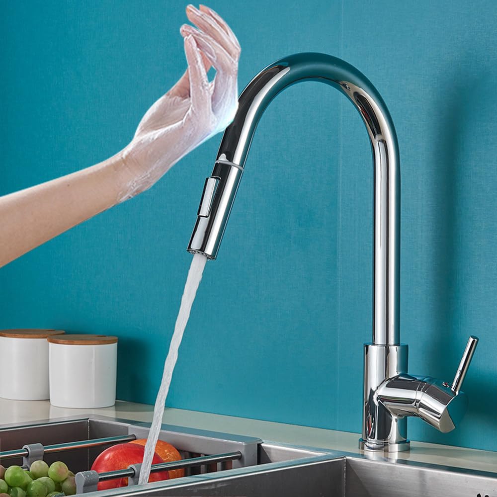 FCXWEVR Matte Black Touch Sensor Kitchen Faucet Pull Out Mixer Tap with Double Water Mode Rotation Smart Sensor Chrome Finish