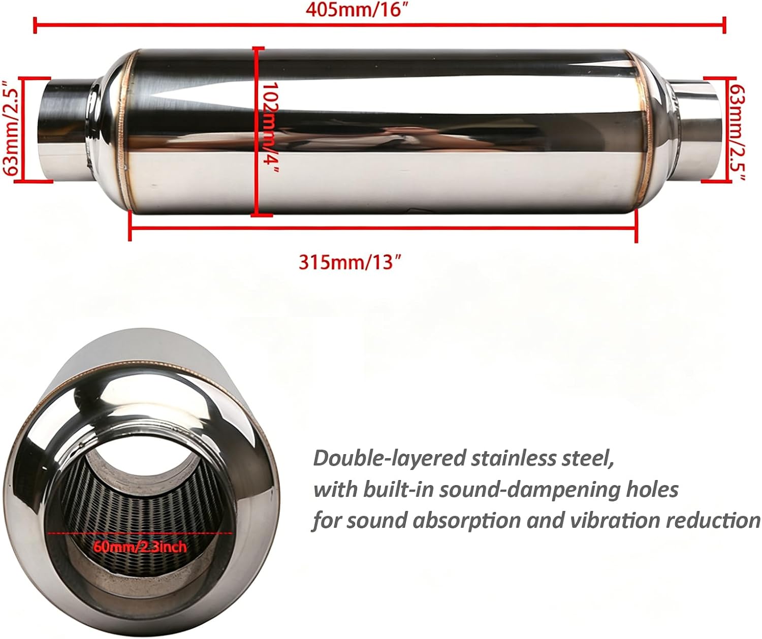 Catekro Exhaust Resonator Muffler 2.5" Inlet/Outlet 16" Length | Stainless Steel Straight Through with Welded Universal Fit Performance Muffler Replacement for Drone Reduction & Sound Tuning