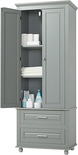 Miniatura 7 de Armario de almacenamiento alto con 2 puertas y cajones, armario independiente con estantes ajustables, armario grande y moderno para el hogar,