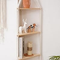 Vista 6 de ARMERI Estante colgante de macramé, decoración de pared bohemia de 3 niveles, cuerda de algodón hecha a mano, estantes flotantes de madera rústica