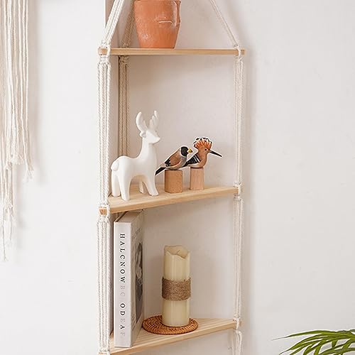 Miniatura 6 de ARMERI Estante colgante de macramé, decoración de pared bohemia de 3 niveles, cuerda de algodón hecha a mano, estantes flotantes de madera rústica