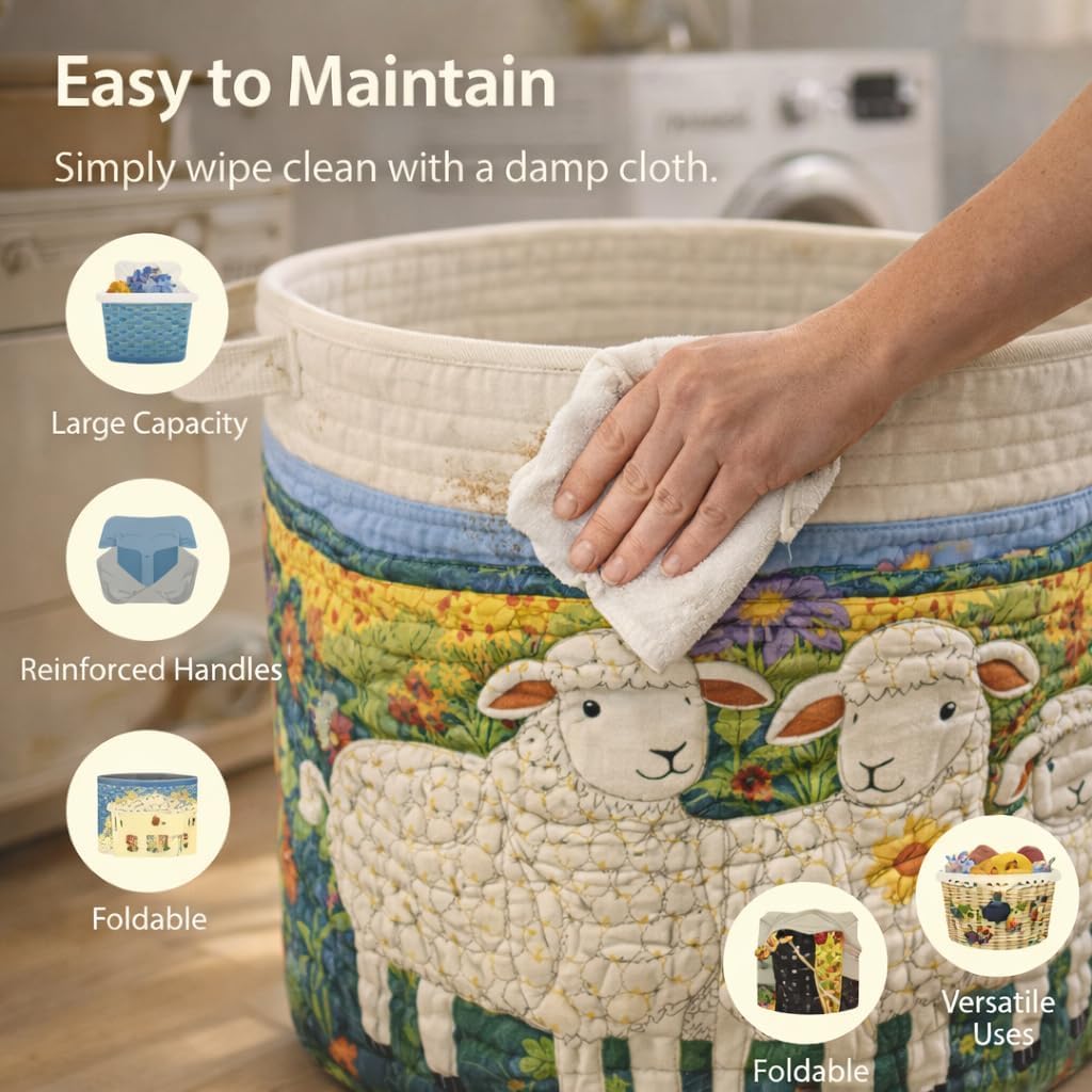Quilted Laundry Basket with Handles, Boho Floral Fabric Hamper for Clothes & Toys, Soft Large Storage Basket for Nursery, Bedroom, Laundry Room (Sheep Patch, M: 16" x 22")