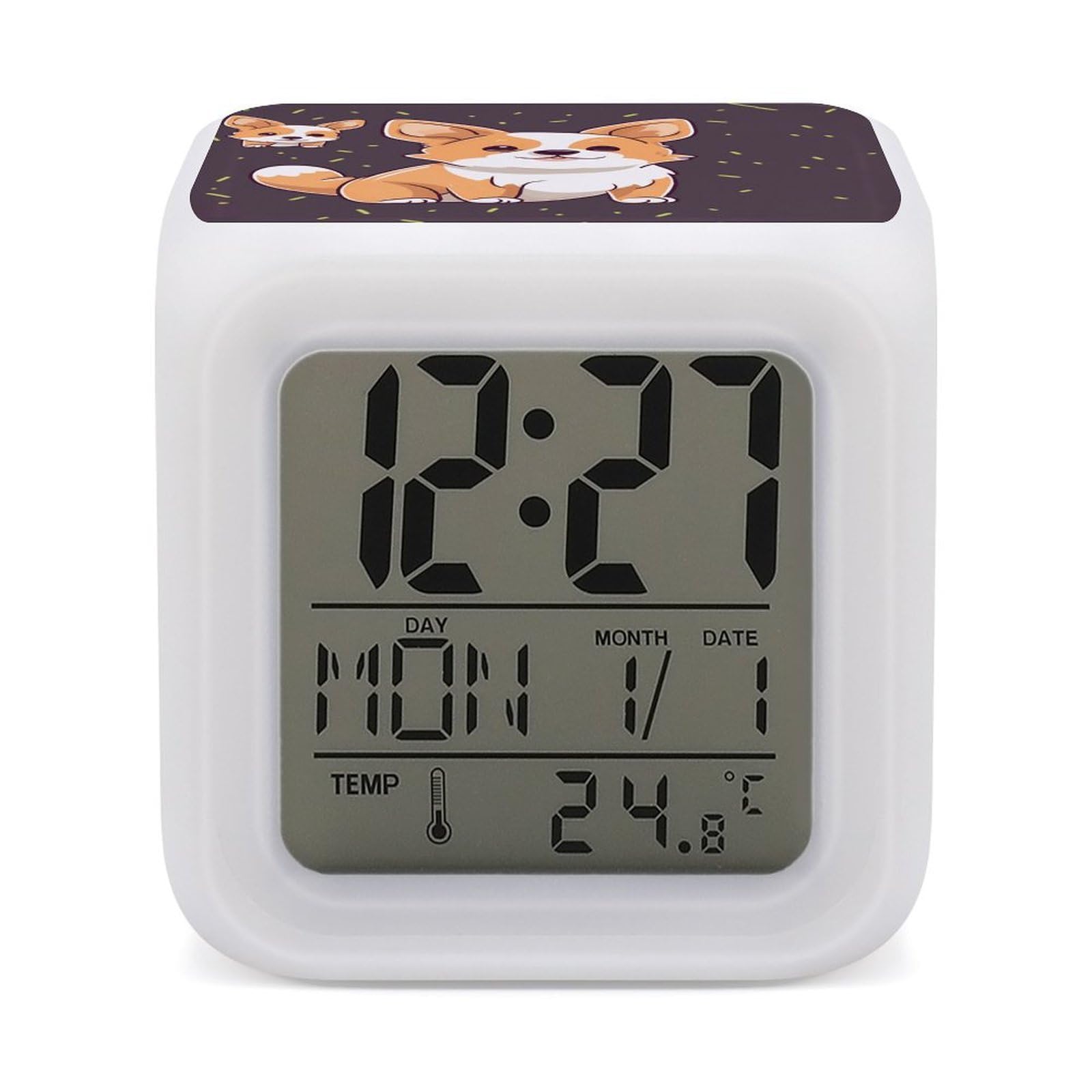FekiLoot Cute Corgi Alarm Clock 7 LED Color Changing Wake Up Clock Digital Alarm Clocks with Snooze Digital Bedside Clocks with Night Light for Home Office Or Dorm