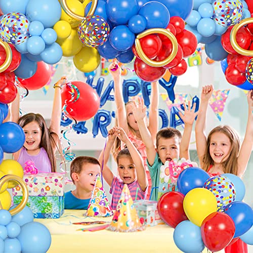 Image of 123Pcs Red Yellow Blue Balloons Arch Kit, Circus Party Supplies | Cartoon Long Foil Confetti Balloon for Carnival Theme Birthday, Baby Shower, GameTheme Backdrop Party Decorations Supplies