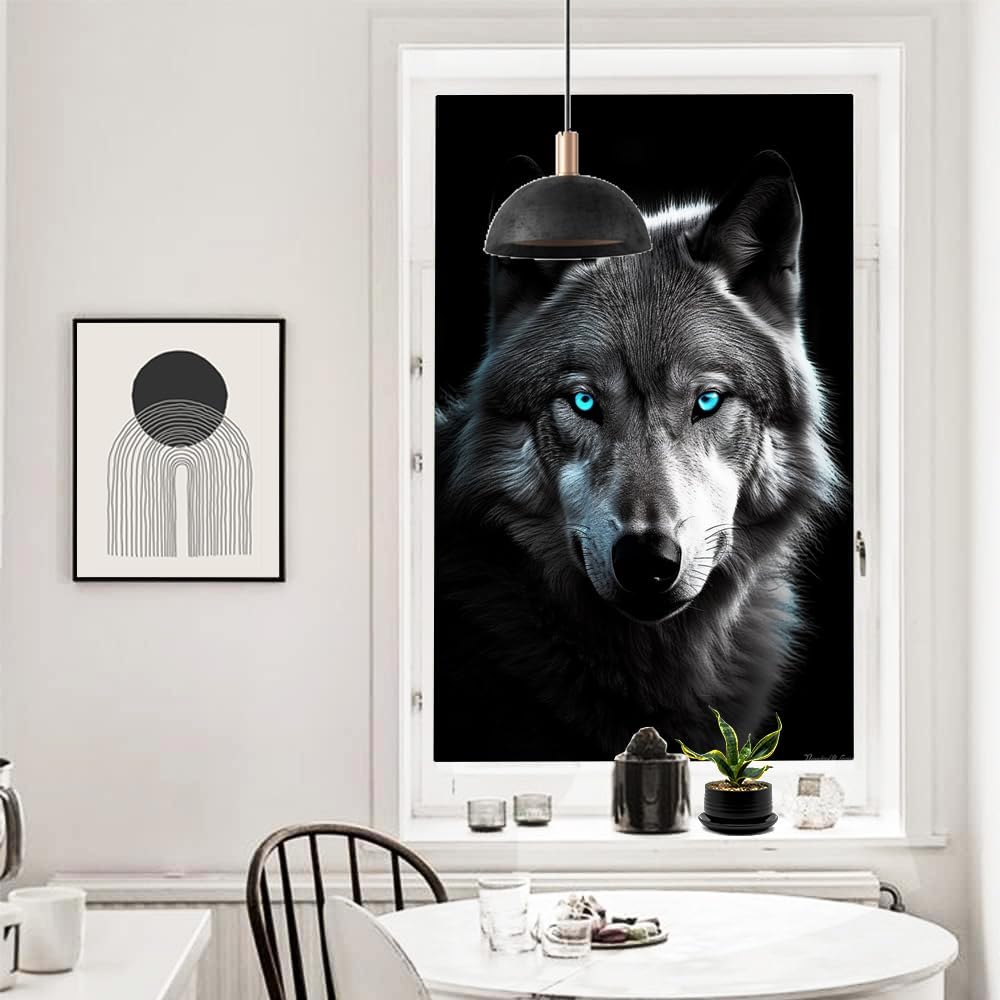 Wildlife Wolf Window Privacy Film Wolf in The Dark Vintage Asian Stained Glass Window Film Decorative Window Cling for Home Window&Glass Door, Sun Blocking 35.4Wx63L
