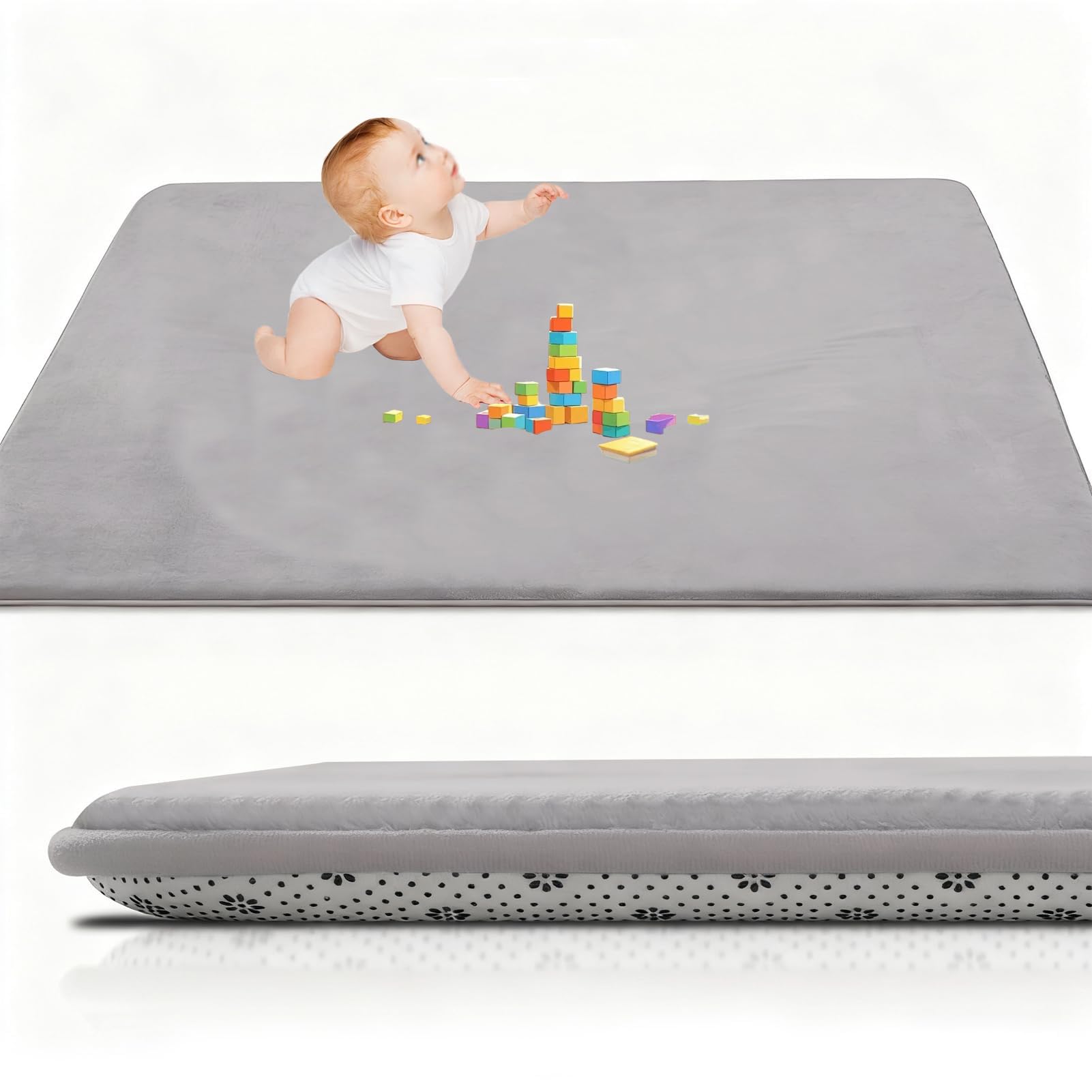 RxueSug Baby Play Mat for Floor – 120 x 120 cm Silver Grey Foldable Waterproof Foam Playmat for Babies & Toddlers – Large Non Slip Washable Large Activity Play Mat, 2cm Thick Padded Baby Crawl Mat