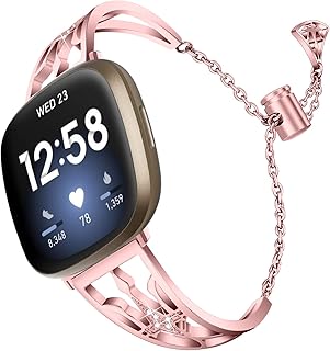 TryBest Metal Wristband Compatible with Fitbit Versa 3, Women Girl Stainless Steel Metal Replacement Watch Strap Adjustable 5.5-8.0 inch Compatible with Fitbit Versa 3/ Fitbit Sense -Pink
