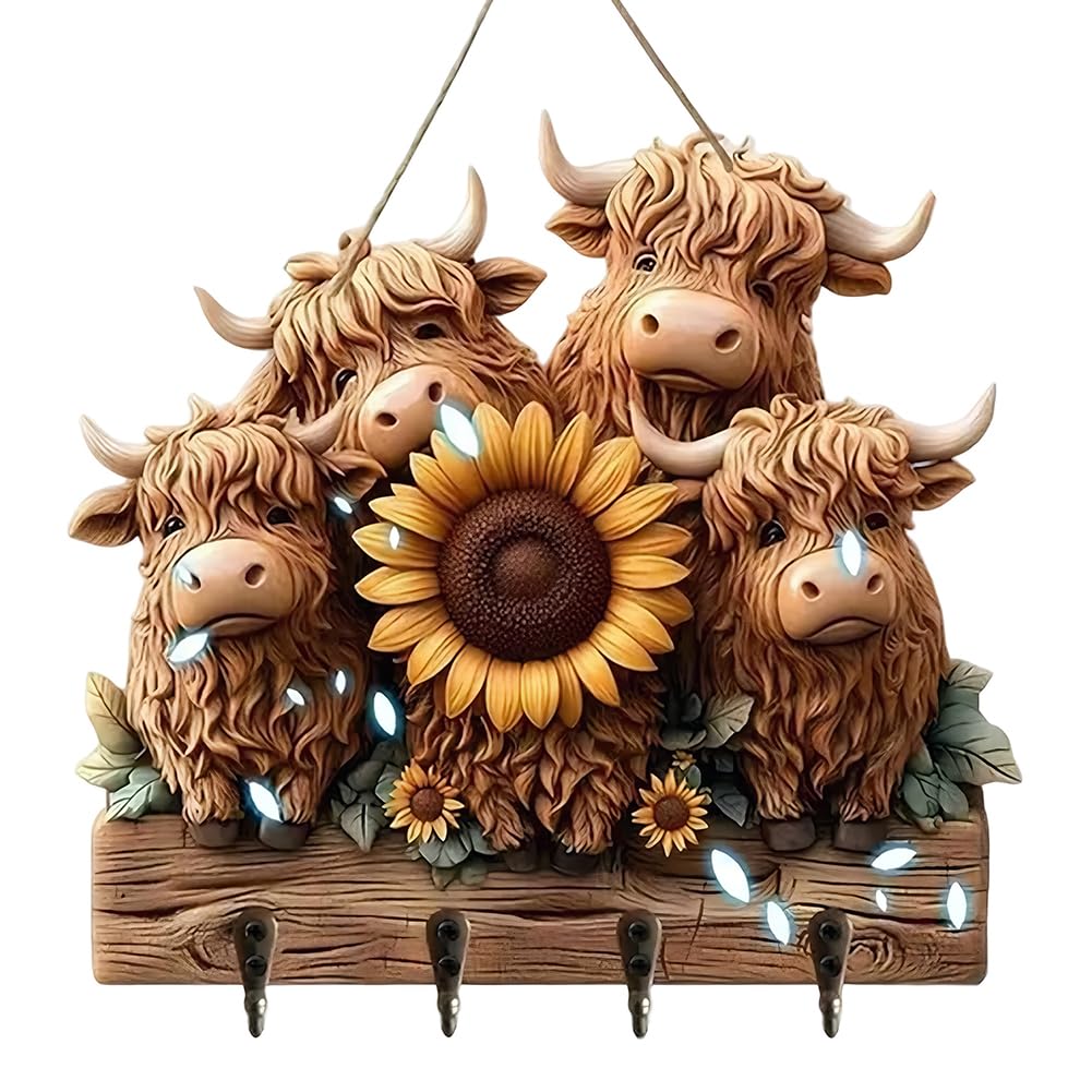 HATFRYF Highland Cow Key Hooks, Key Holder for Wall, Farmhouse Key Holder for Wall, Wooden Mounted Key Racks Holder with 4 Hooks, Key Hangers Home Decor for Entryway Hallway Farmhouse Office