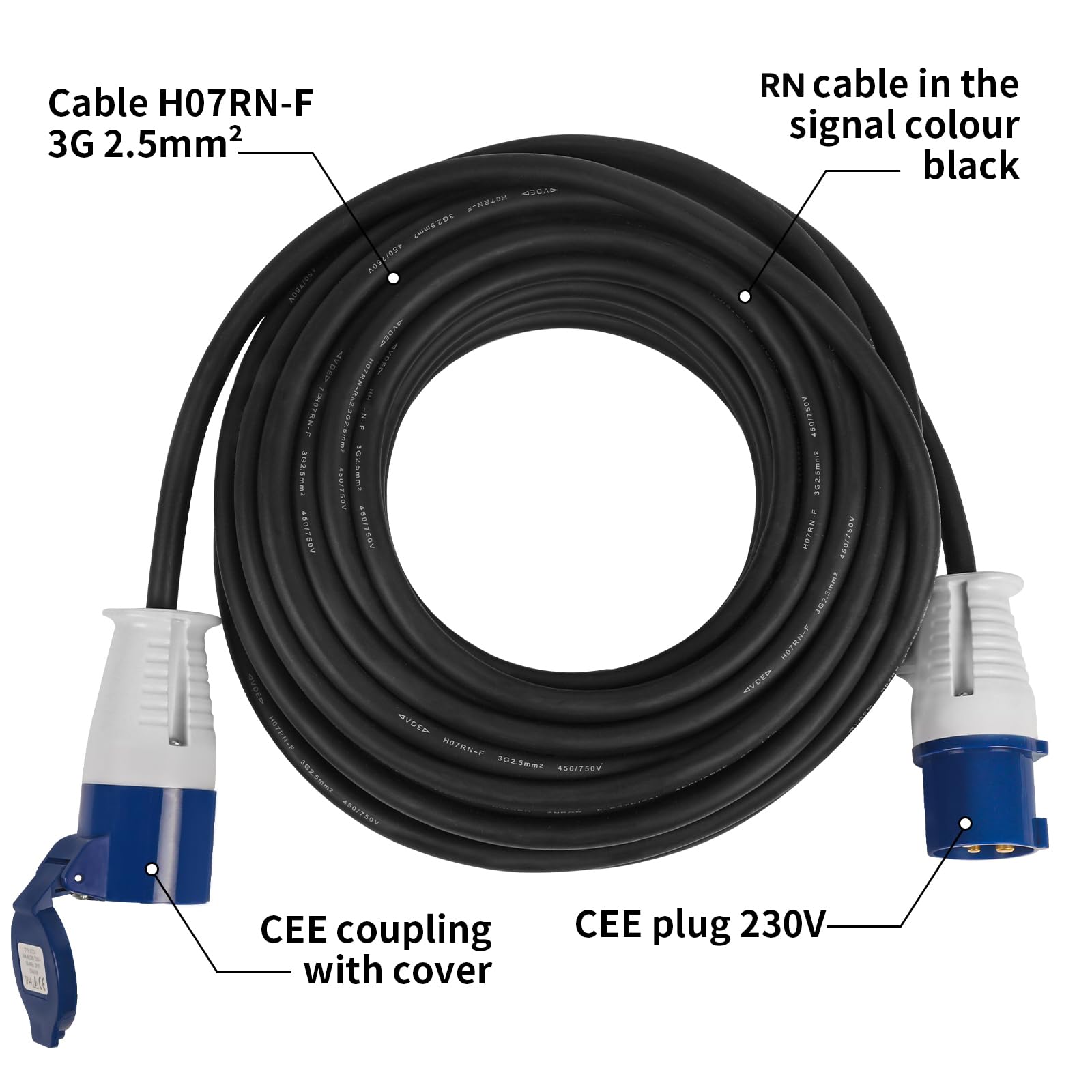 Cavo Di Aggancio Per Roulotte 2,5mm - 10m, 15m O 25m, Con Spina Adattatore, Approvato BS EN60309