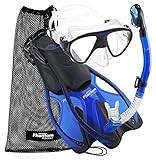 Phantom Aquatics Adult Mask Fin Snorkel Set with Mesh Bag, Blue, Small/Medium/Size 4.5 to 8.5