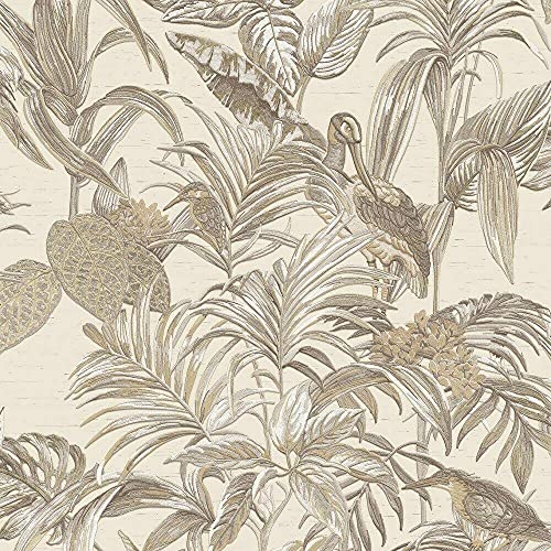 Full Roll Cream Beige Tropical Wallpaper Birds Palm Textured Paste The Wall Vinyl