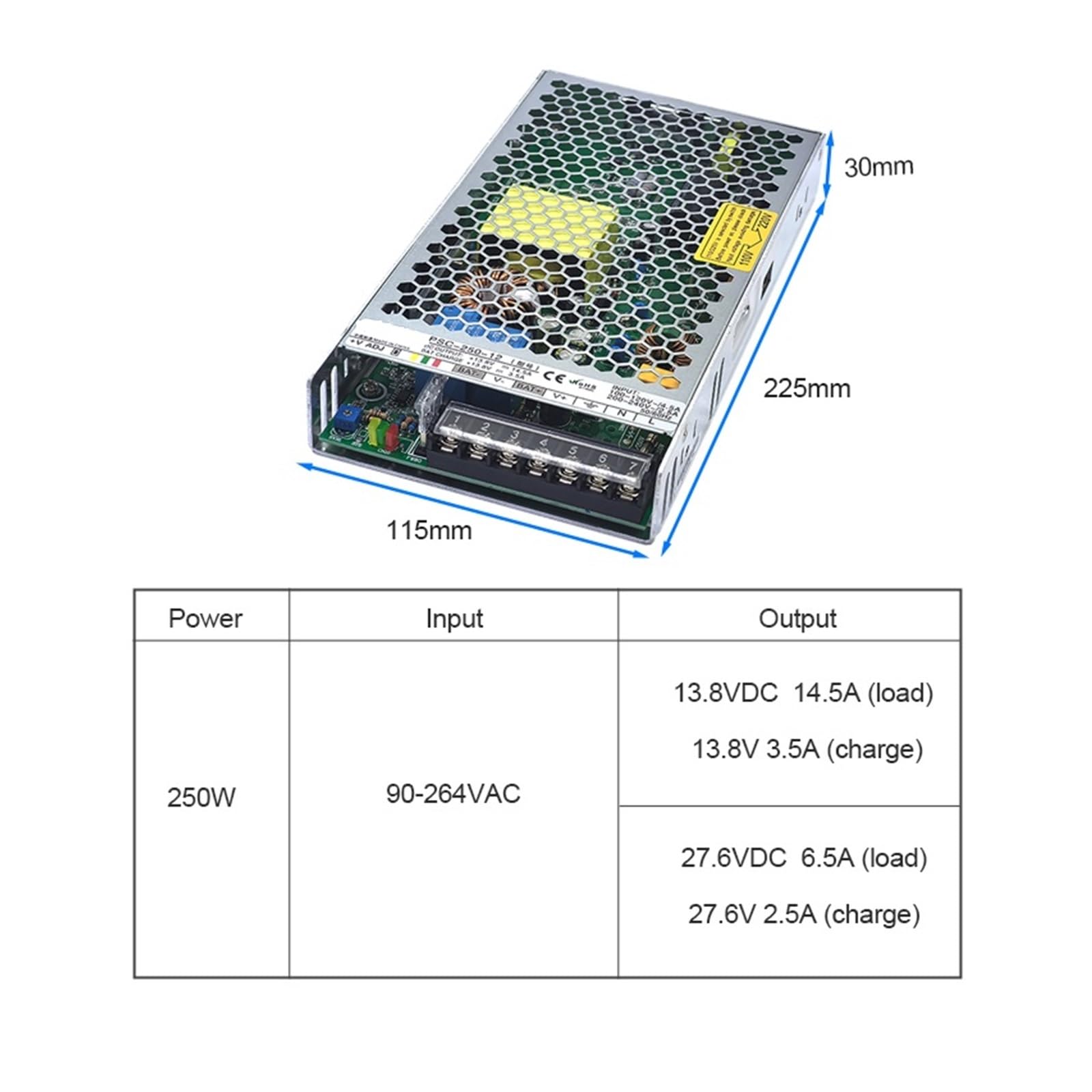 PCS-250W Uniwersalny regulowany zasilacz impulsowy do akumulatorów kwasowo-ołowiowych 13,8 V 3,5 A 27,6 V 2,5 A PSC-250-12 PSC-250-24 Brak czasu przełączania Niezawodność(24V)