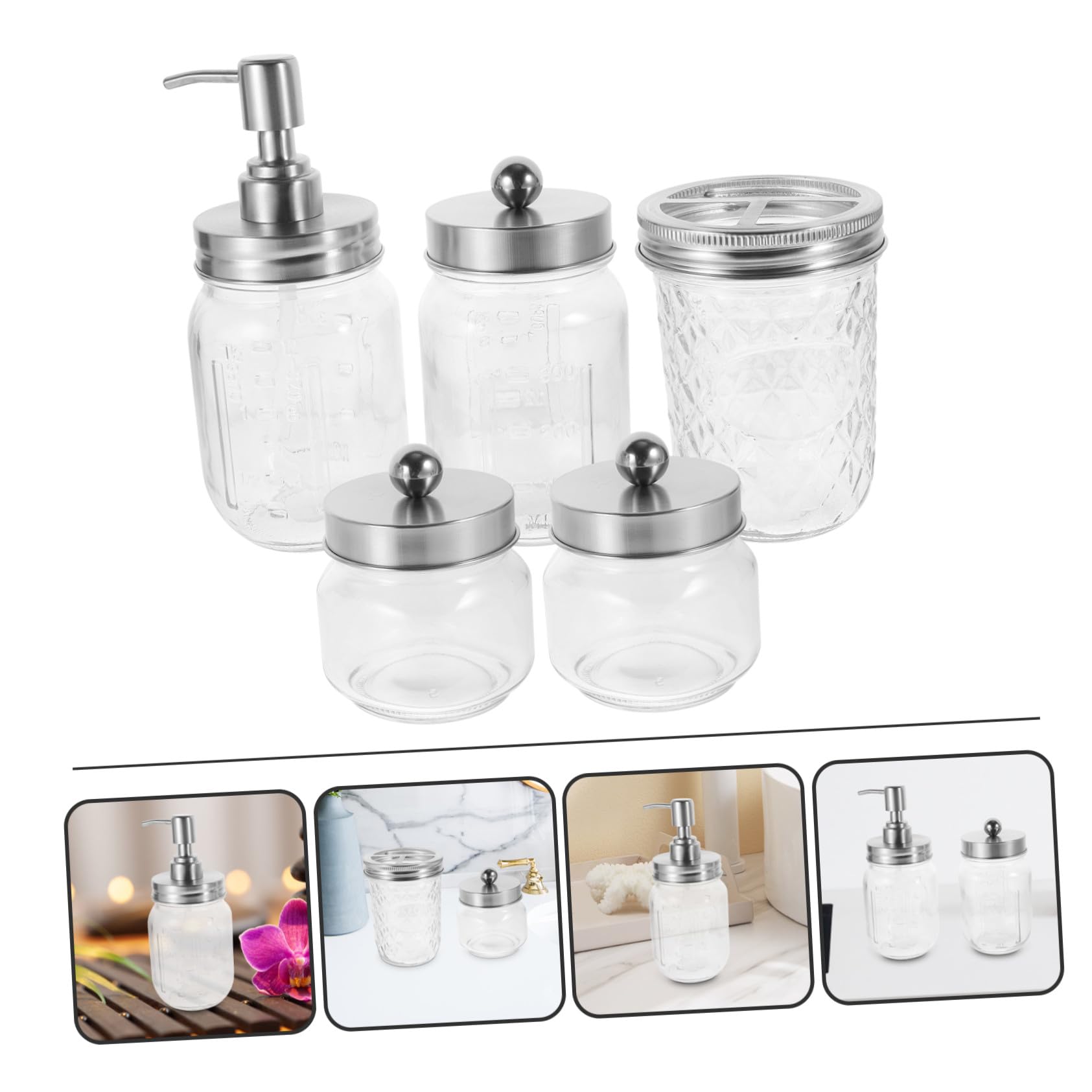 Juego de Accesorios para Cuarto de Baño Dispensador de Jabón, Soporte para Cepillo de Dientes y Tarros de Vidrio, Diseño Clásico y Portátil para Uso en Casa