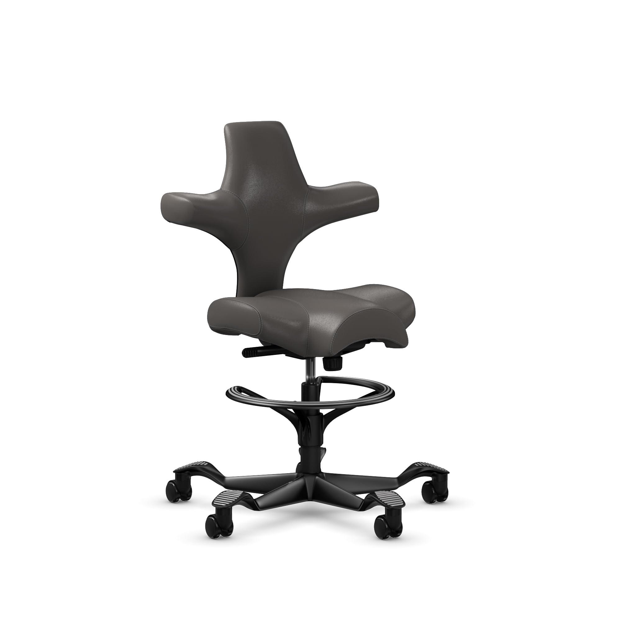 HAG Capisco Sit to Stand Chair-Black Frame-Upholstered Gray Ash Vinyl-with Foot Ring