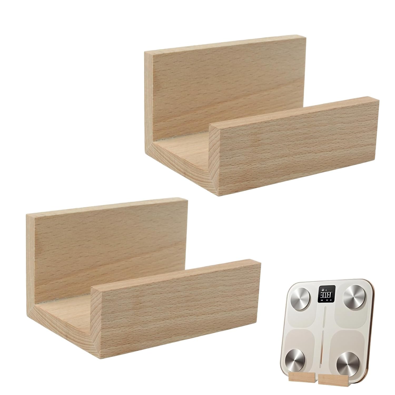MOROBOR Weight Scale Holder Wall-Mounted, 2pcs Wood Self Adhesive Smart Scale Stand Adjustable Wall Storage Bracket Fit for Home Gym Bathroom Bedroom Kitchen Dorm RVs Pantry