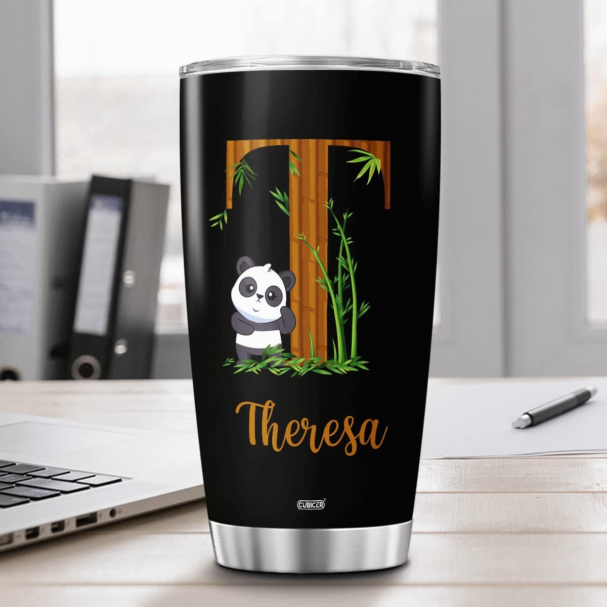 CUBICER Personalized Initial Coffee Tumbler Panda Custom Name Letter Tumbler Women Girls Kids Teens Travel Mugs Stainless Steel Drinking Glass Double Wall Insulated Cup With Lid