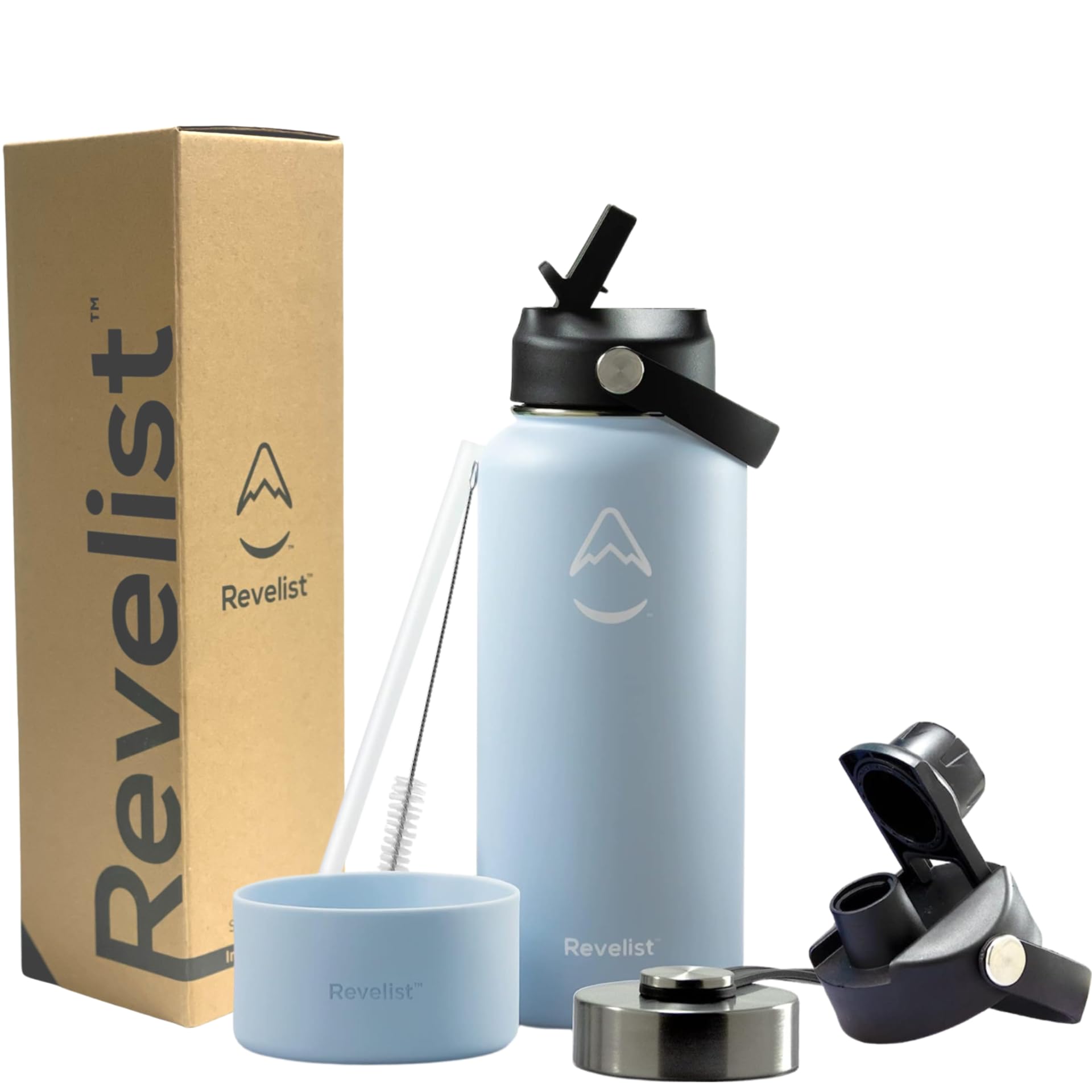 32oz Insulated Sports Water Bottle - Stainless Steel With 3 Lids, Sleeve & Brush, Keeps Hot/Cold, BPA-Free