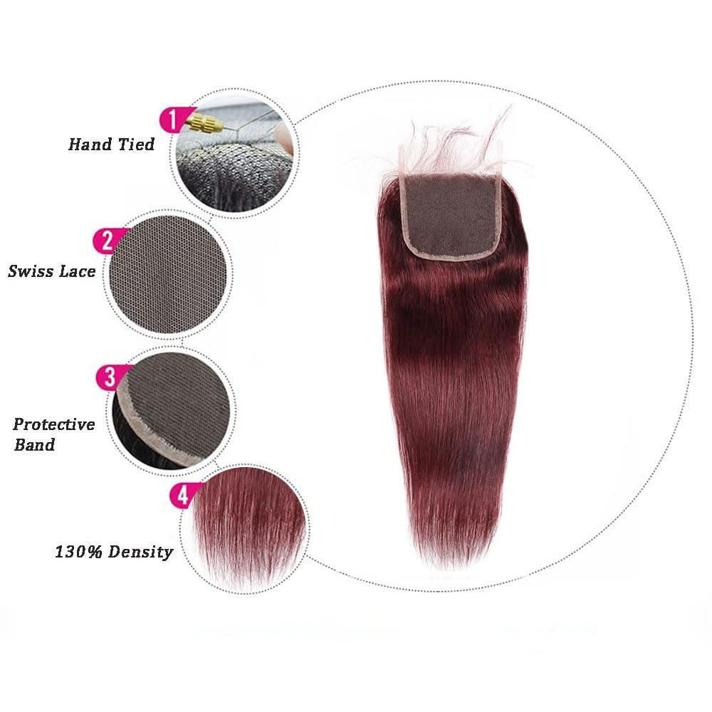 Color 99J Burgundy Lace Closure 4X4 HDTransparent Lace Front 18 Inch Brazilian Virgin Hair Free Part Pre Plucked 100% Wine Red Straight Lace Closure Human Hair Extensions