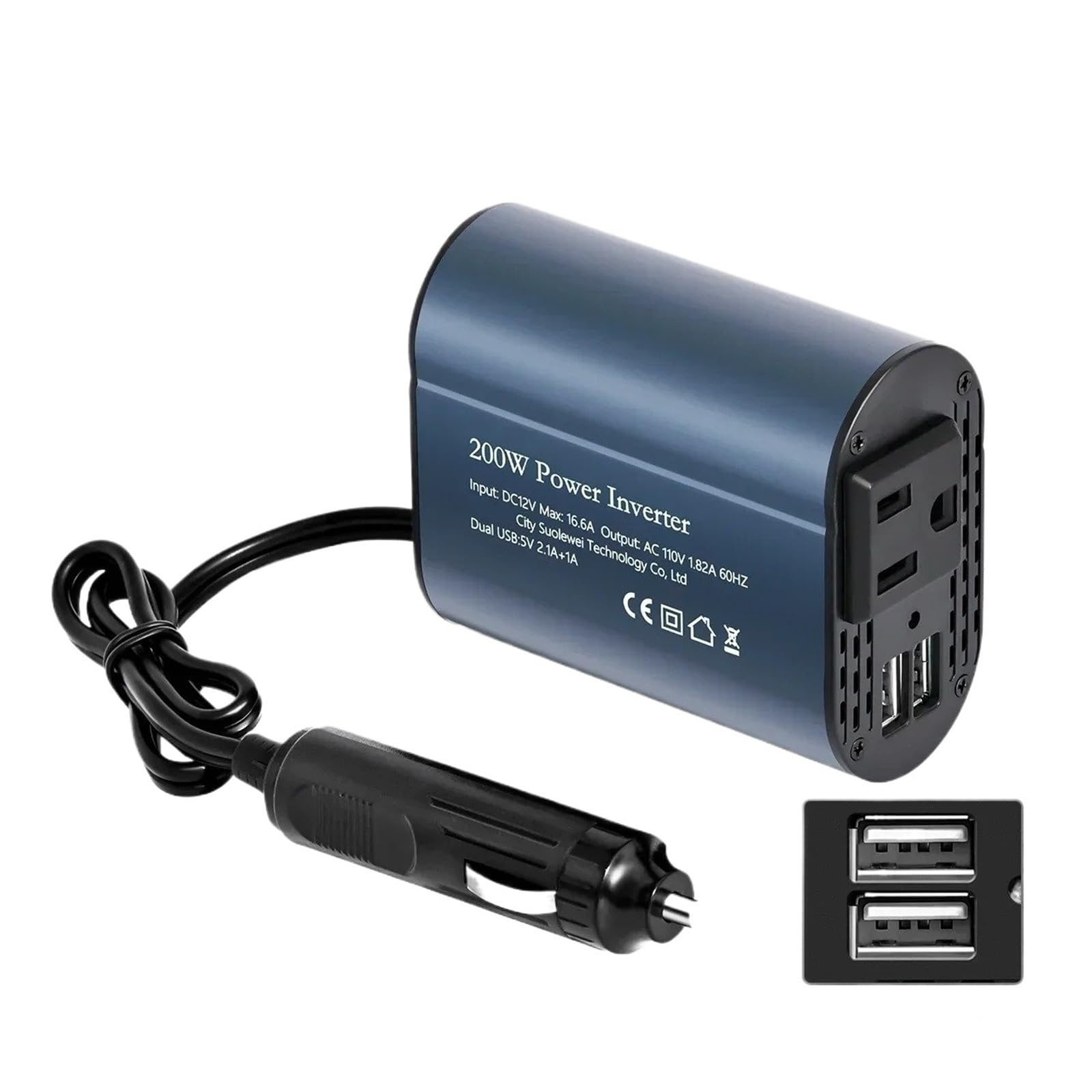Power Inversor Corriente Convertidor Corriente Alterna Coche, Inversor CC De 12V A 110V, 60HZ, 200W, con Adaptador USB Dual 3.1A