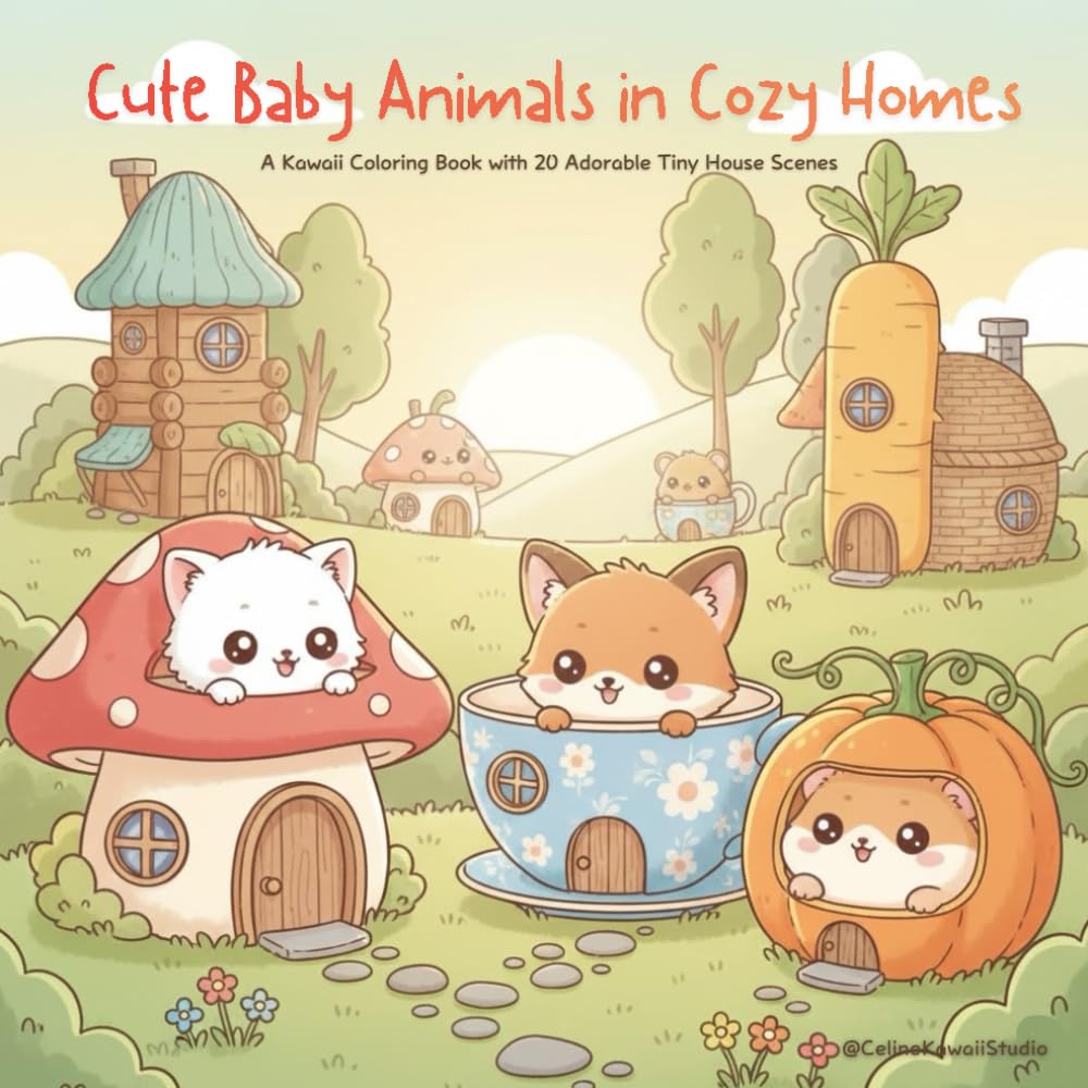 Cute Baby Animals in Cozy Homes – Kawaii Coloring Book: 20 Adorable Coloring Pages of Tiny Houses and Cute Little Animals