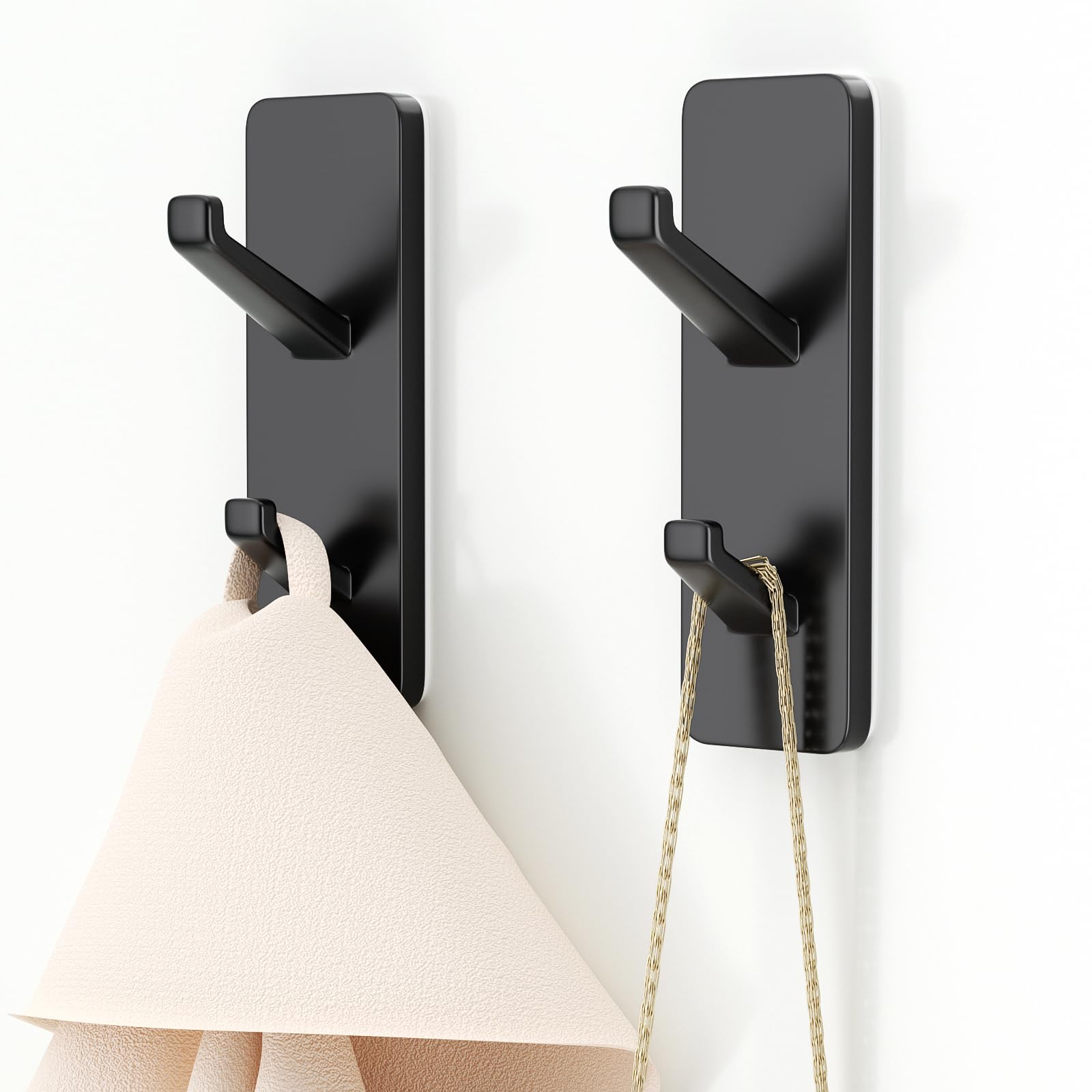 Self Adhesive Wall Hooks for Hanging: Stick-On Hooks Hold 13 LB, Black Coat Hook,Towel Hooks For Bathrooms,Shower Hooks for Wall,Door Hooks Hanging Towel, Kitchen Hook,Metal hooks for hanging,2 Pack