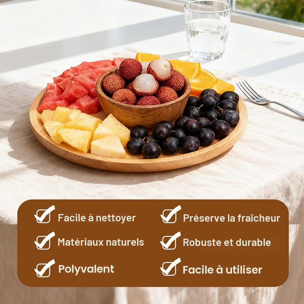 Plateau à gâteau avec couvercle, présentoir à gâteau avec pied, 4 en 1, rond, en bois, 29 cm, plateau à gâteau avec papier sulfurisé et pince de cuisine, support à gâteau pour anniversaire