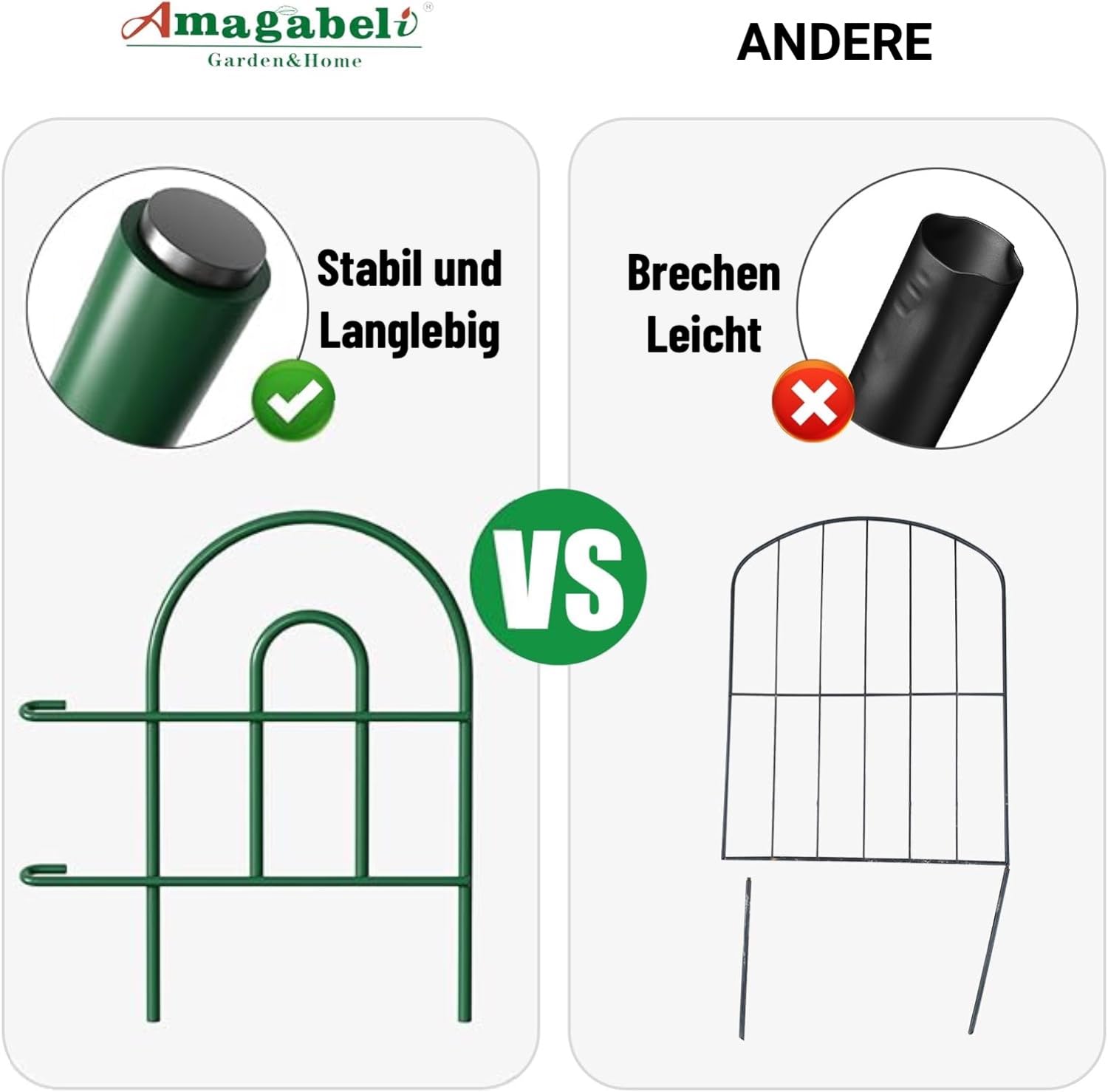 Amagabeli Metall Dekorativer Gartenzaun 46cm Hoch x 43cm Breit (35 Paneele, Gesamtlänge 15m) Steckzaun Ohne Buddeln, Wetterfester Zaunelemente für Außenbereich, Hof, Tier Barriere