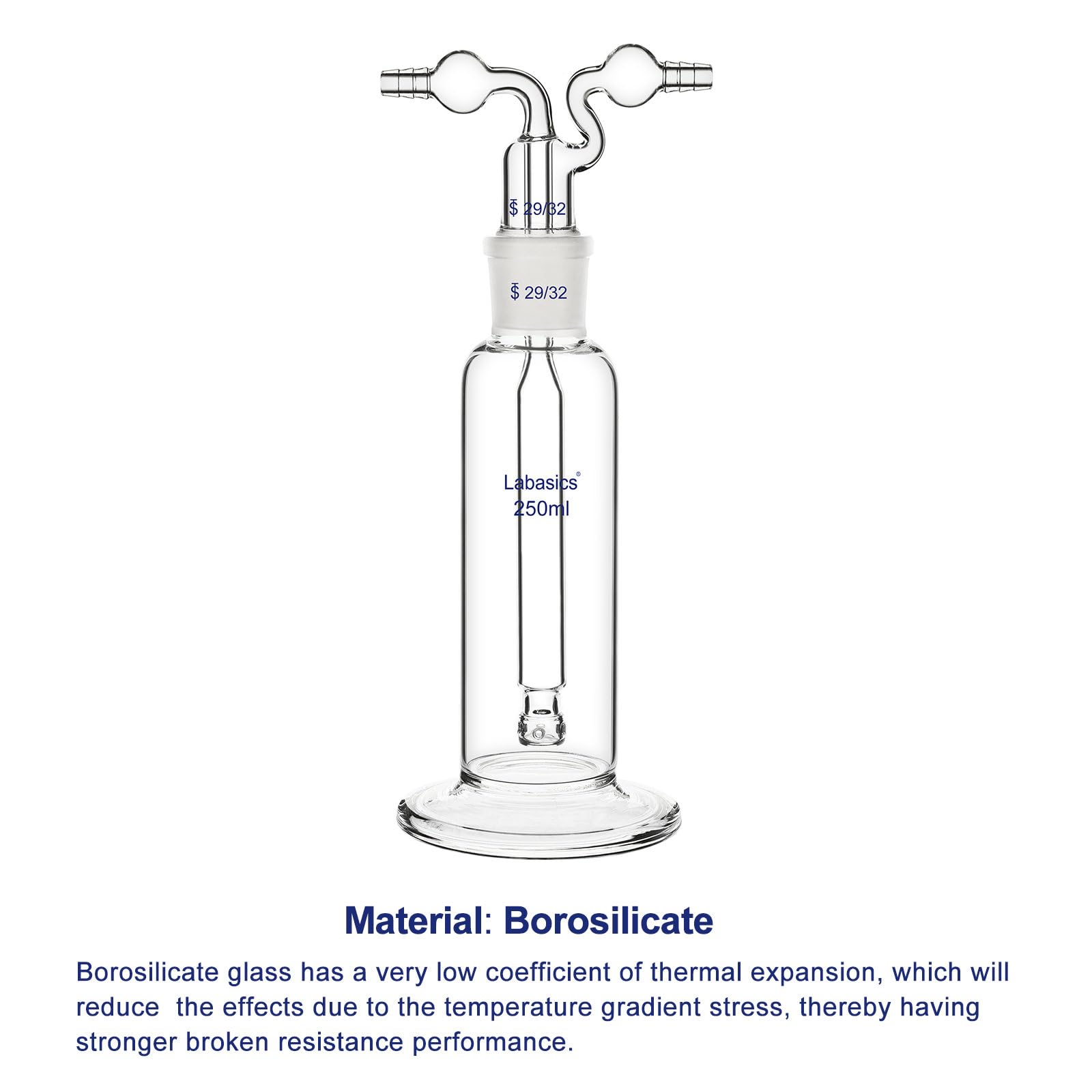 Labasics Drechsel Gas Lavado Botella, 250 ml Borosilicato Vidrio Borboteador con 29/32 Junta, Poroso Esférico Botella para Laboratorio Gas Purificación