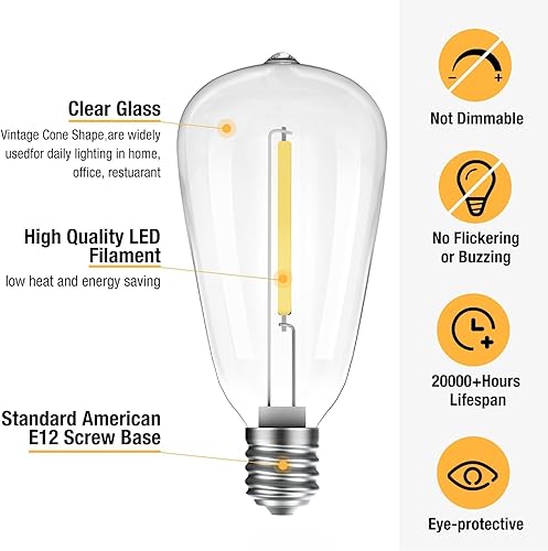 Miniatura 3 de Woolmug Edison - Paquete de 6 bombillas LED inastillables impermeables, bombillas de repuesto E12 regulables para cadena de luces ST38, 2700 K